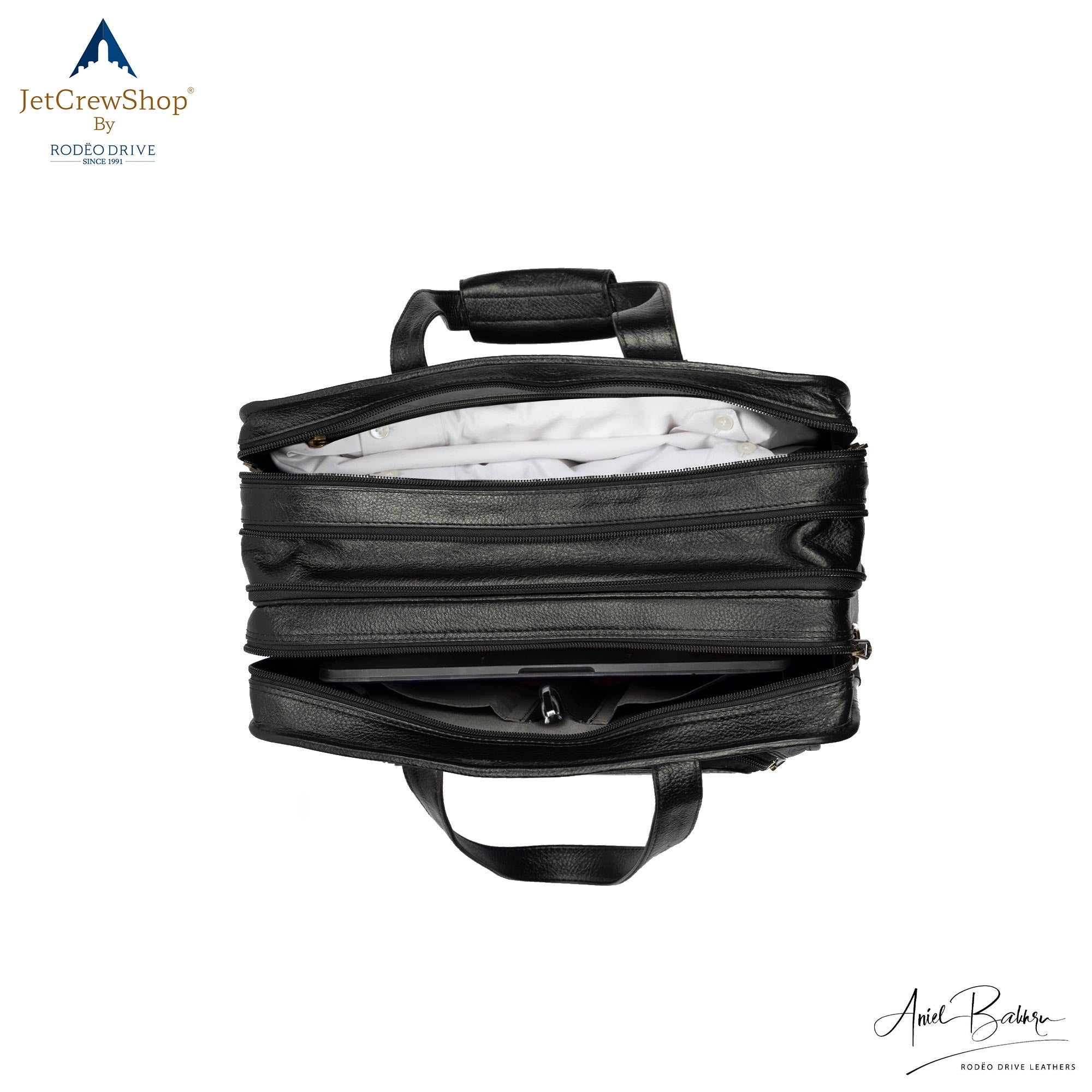 UPPER VIEW OF BLACK LEATHER BAG