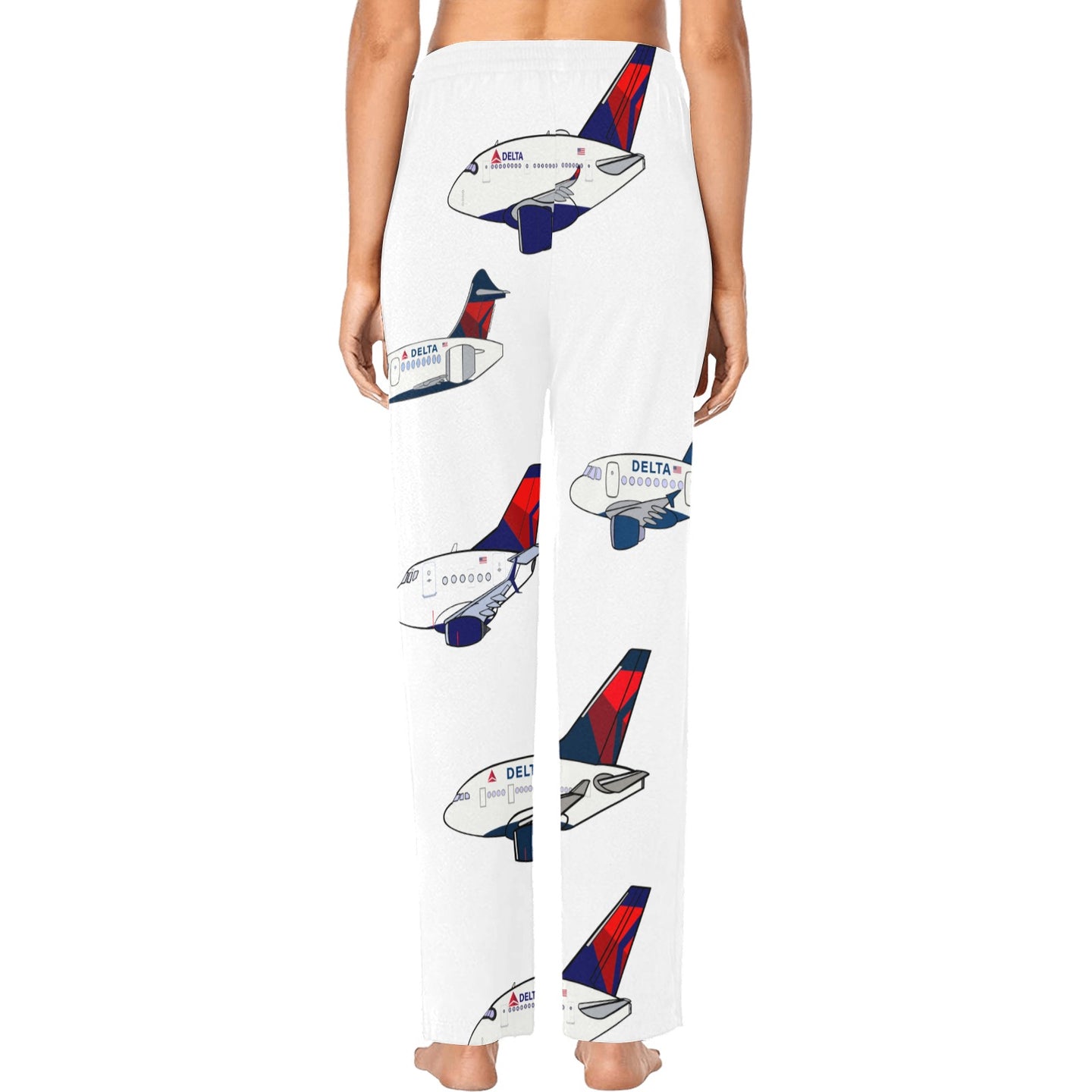 Image displays rear view of a human wearing white pants with Delta airplane design