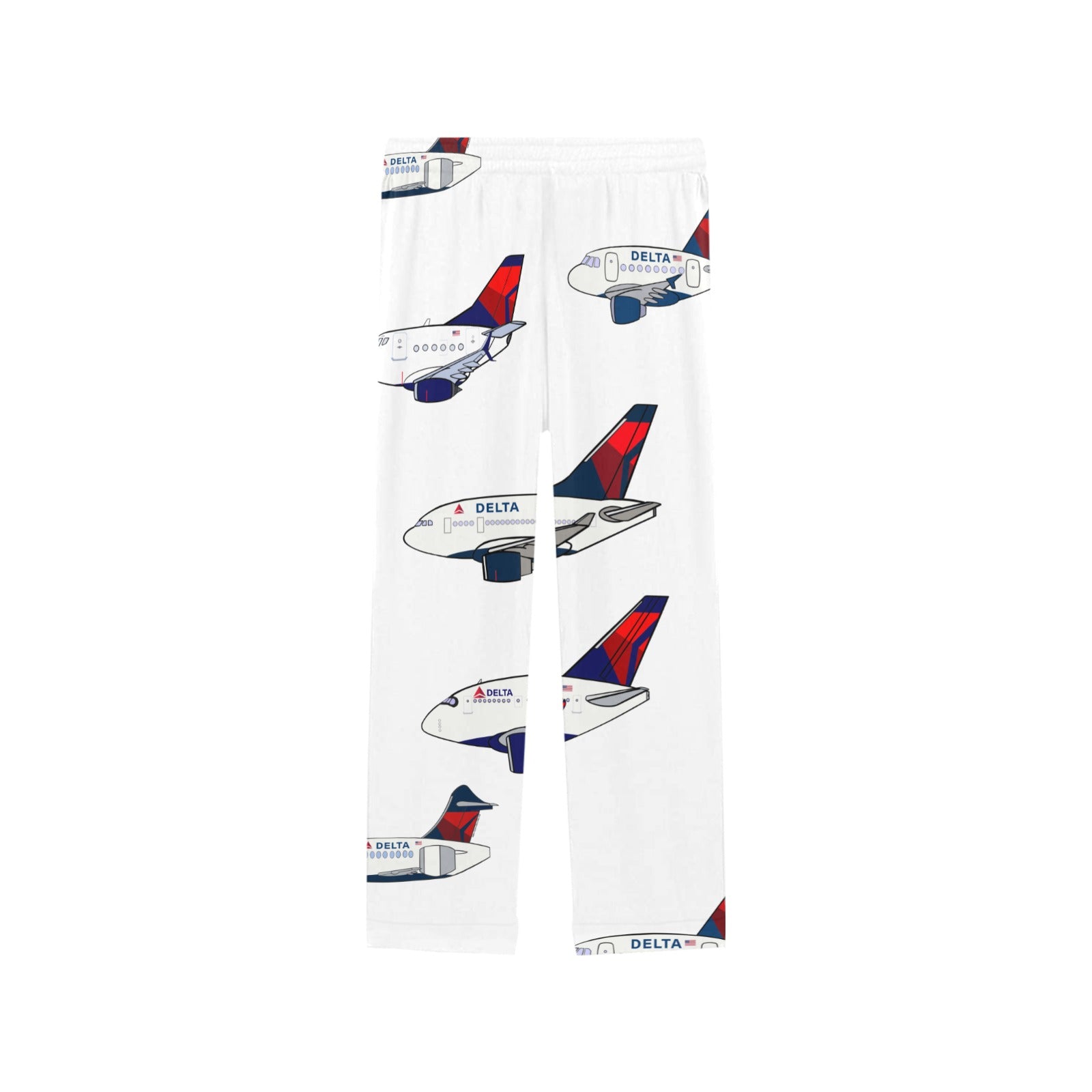 Image displays white pants with Delta airplane design