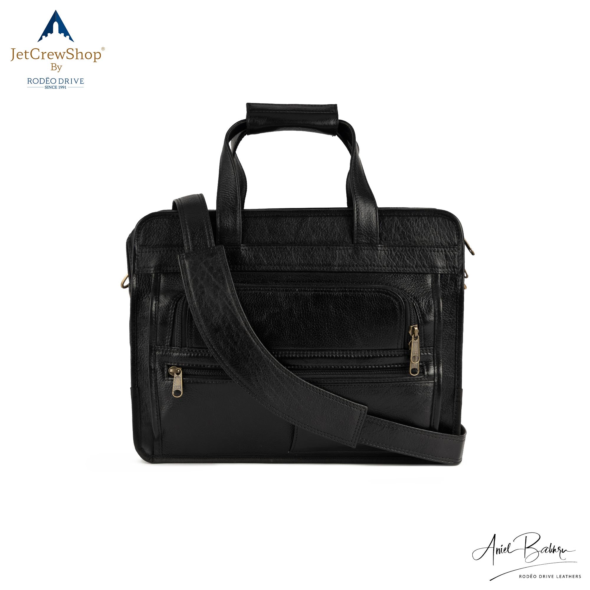 FRONT VIEW OF BLACK LEATHER BAG