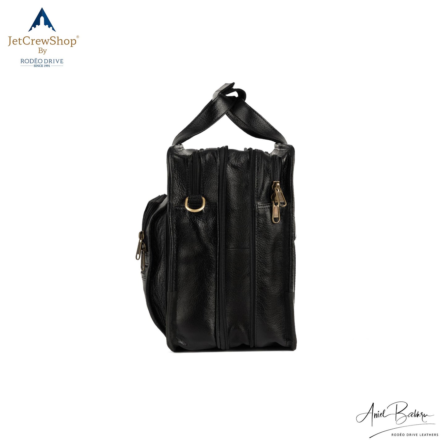 LEFT SIDE VIEW OF BLACK LEATHER BAG