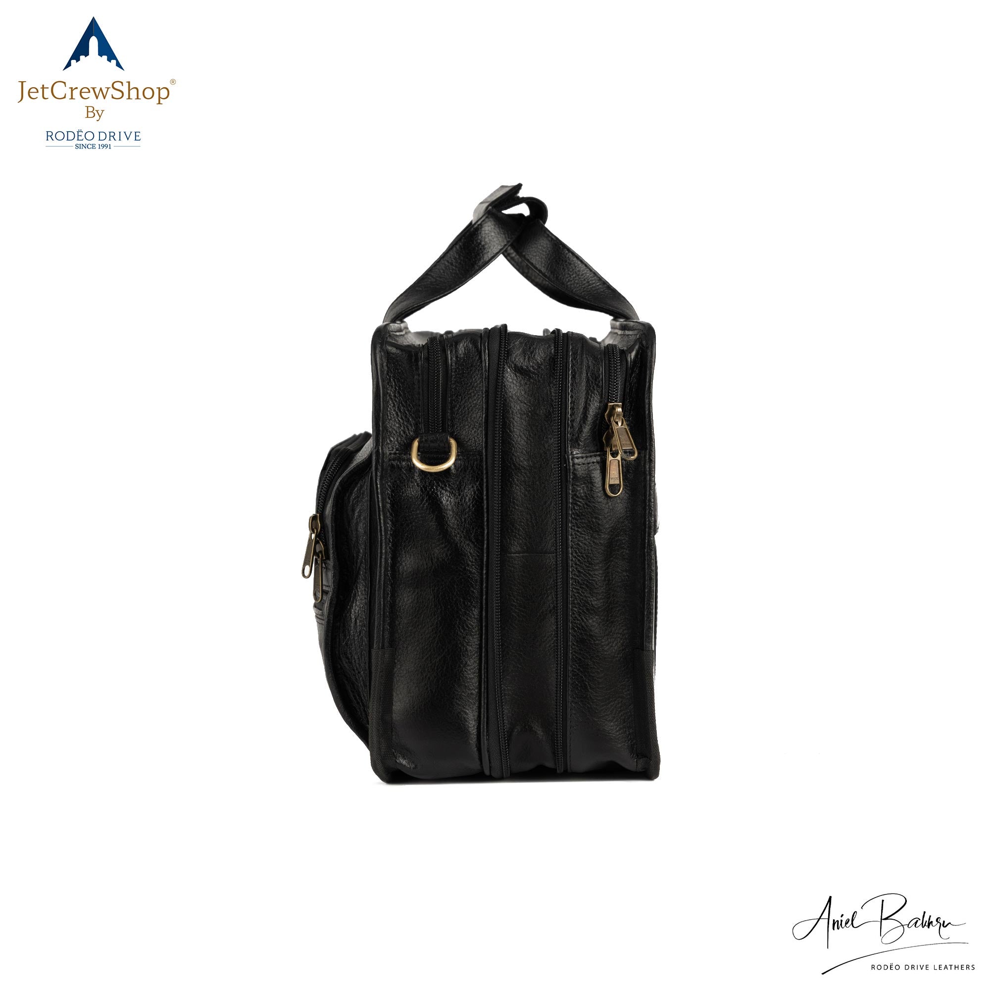 LEFT SIDE VIEW OF BLACK LEATHER BAG