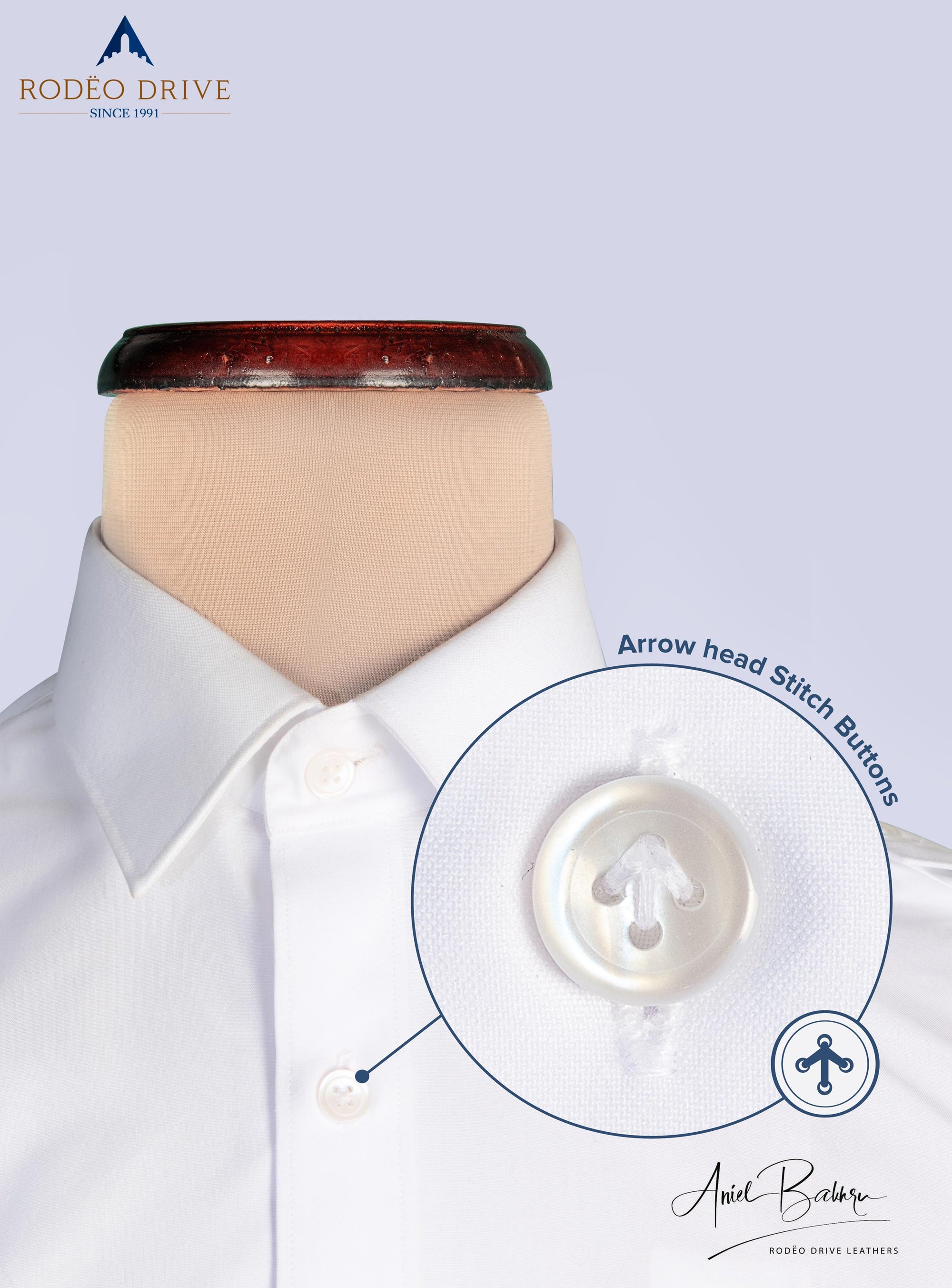 Image depicting the buttons and its arrow head stitching pattern  of Custom Pilot Shirt Men