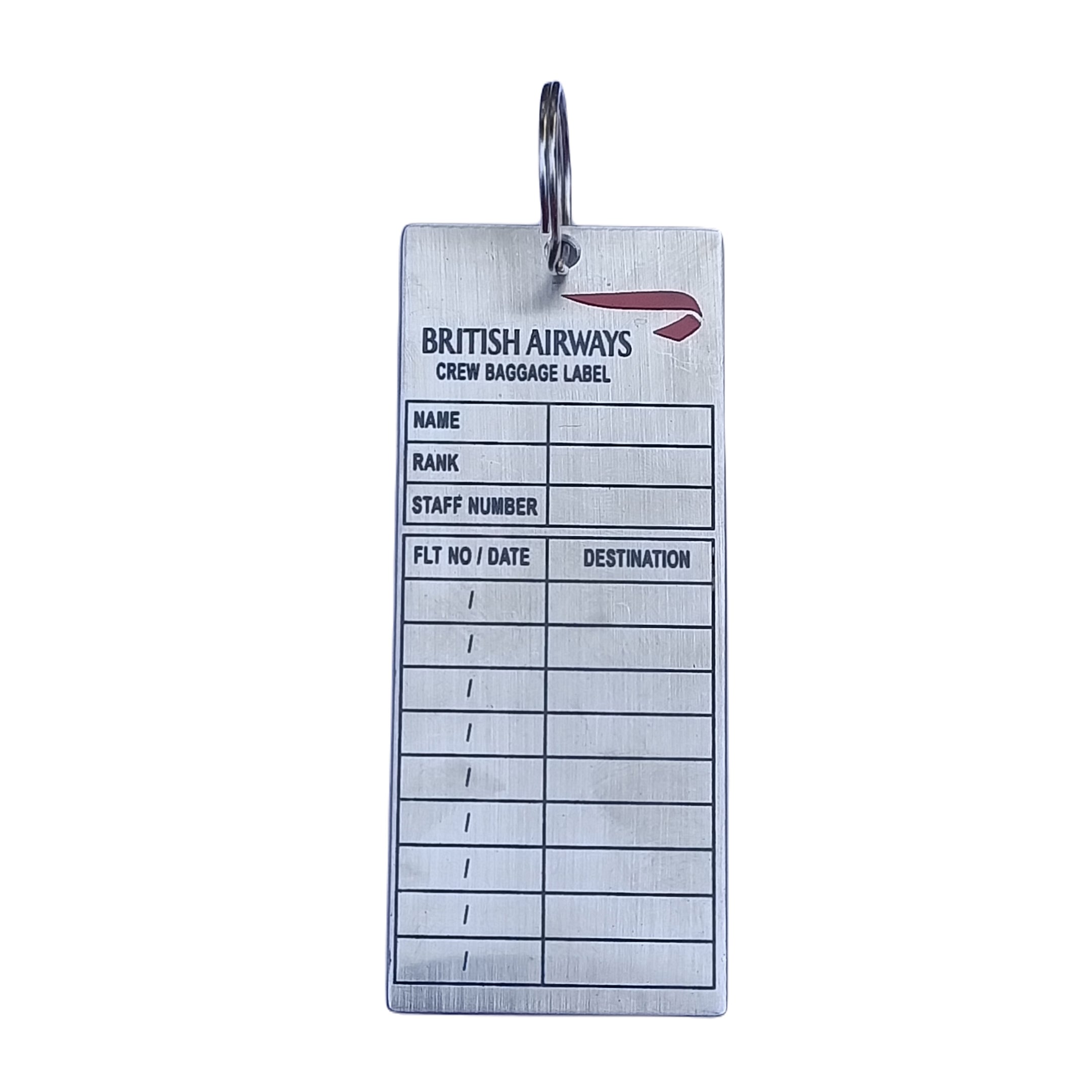 BRITISH AIRWAYS CREW BAGGAGE LABEL BRASS TAG RECTANGLE SILVER
