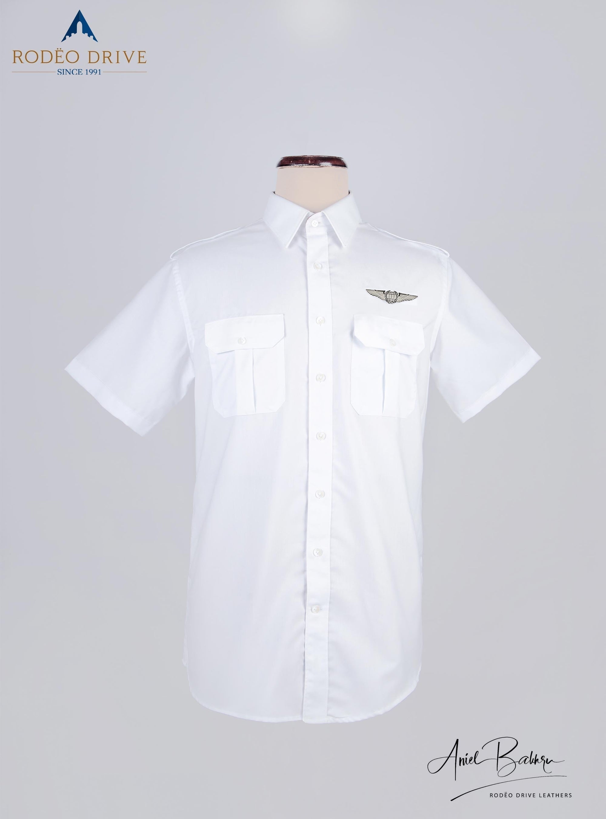 Front full image of white Standard Women's Pilot shirt displayed on mannequin