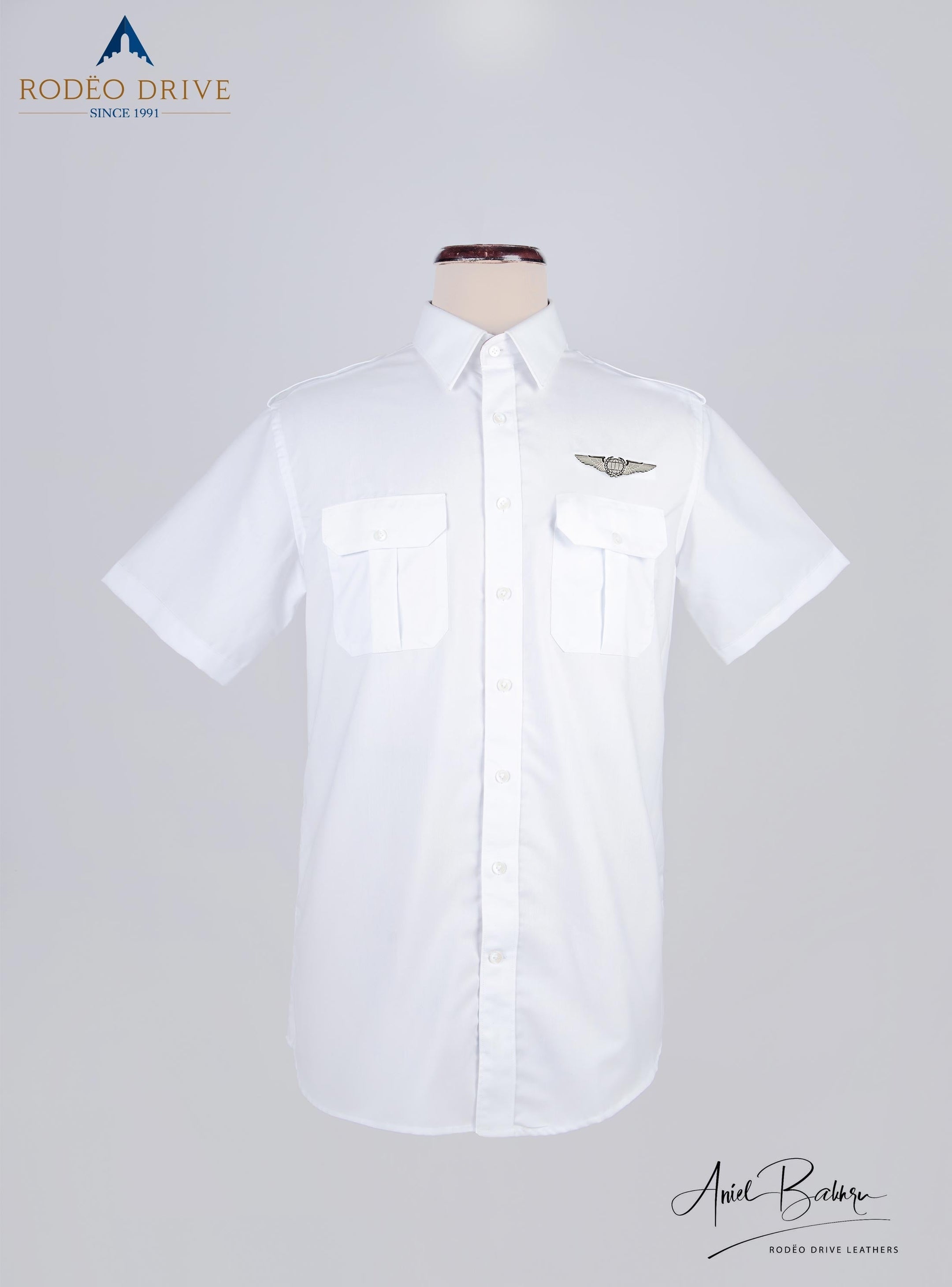 Front image of white Standard Pilot Shirt displayed on mannequin