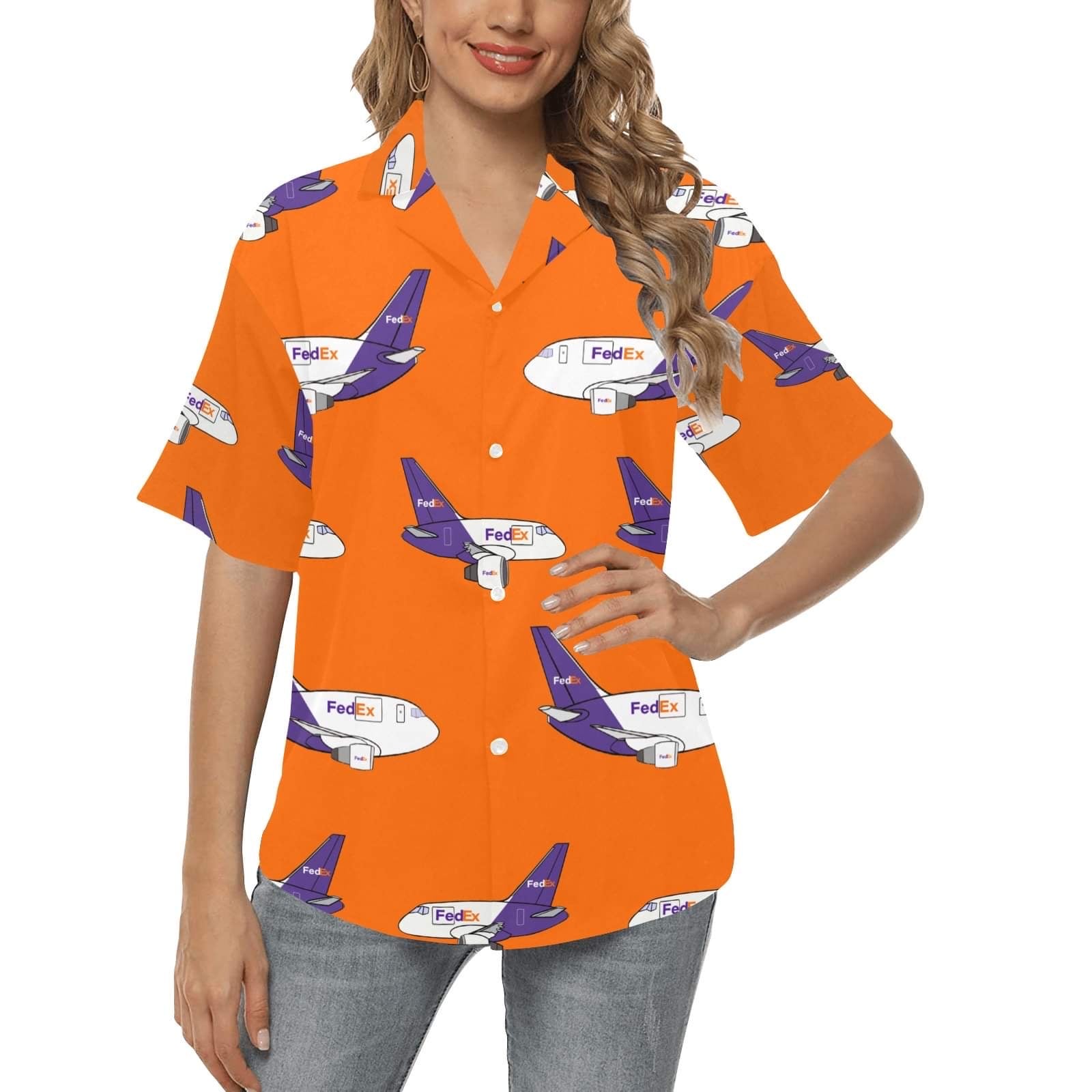 Women wearing Orange shirt with FEDEX airplanes