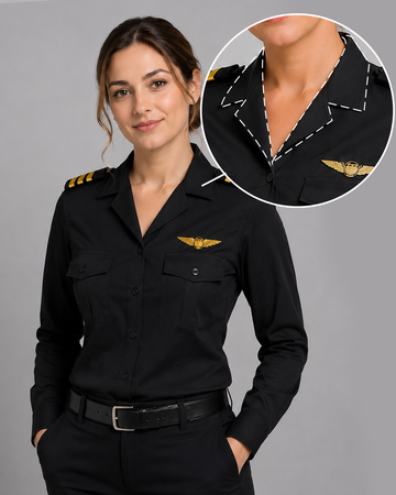 Women's Black Pilot Shirt - Open Collar - Long Sleeve - Tailored