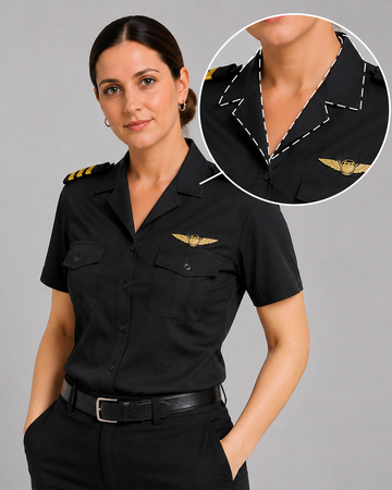 Women's Black Pilot Shirt - Open Collar - Short Sleeve - Tailored