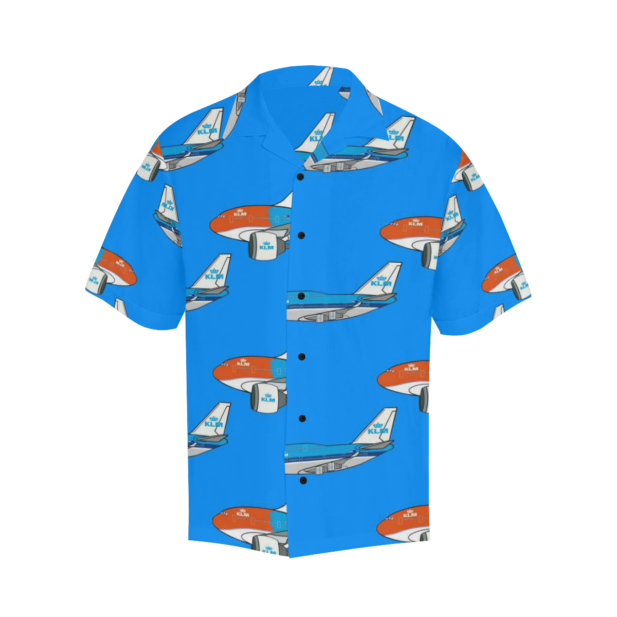 Front image of 747 light blue Hawaiian shirt. Short Sleeves and notch lapel collar is visible.