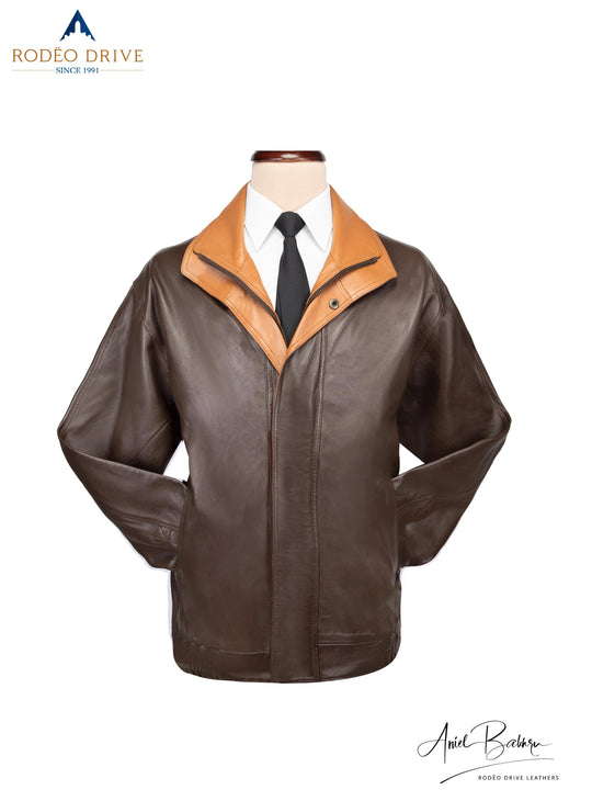 Image of 2 color Bomber Jacket  over white shirt with a neck tie on a mannequin.