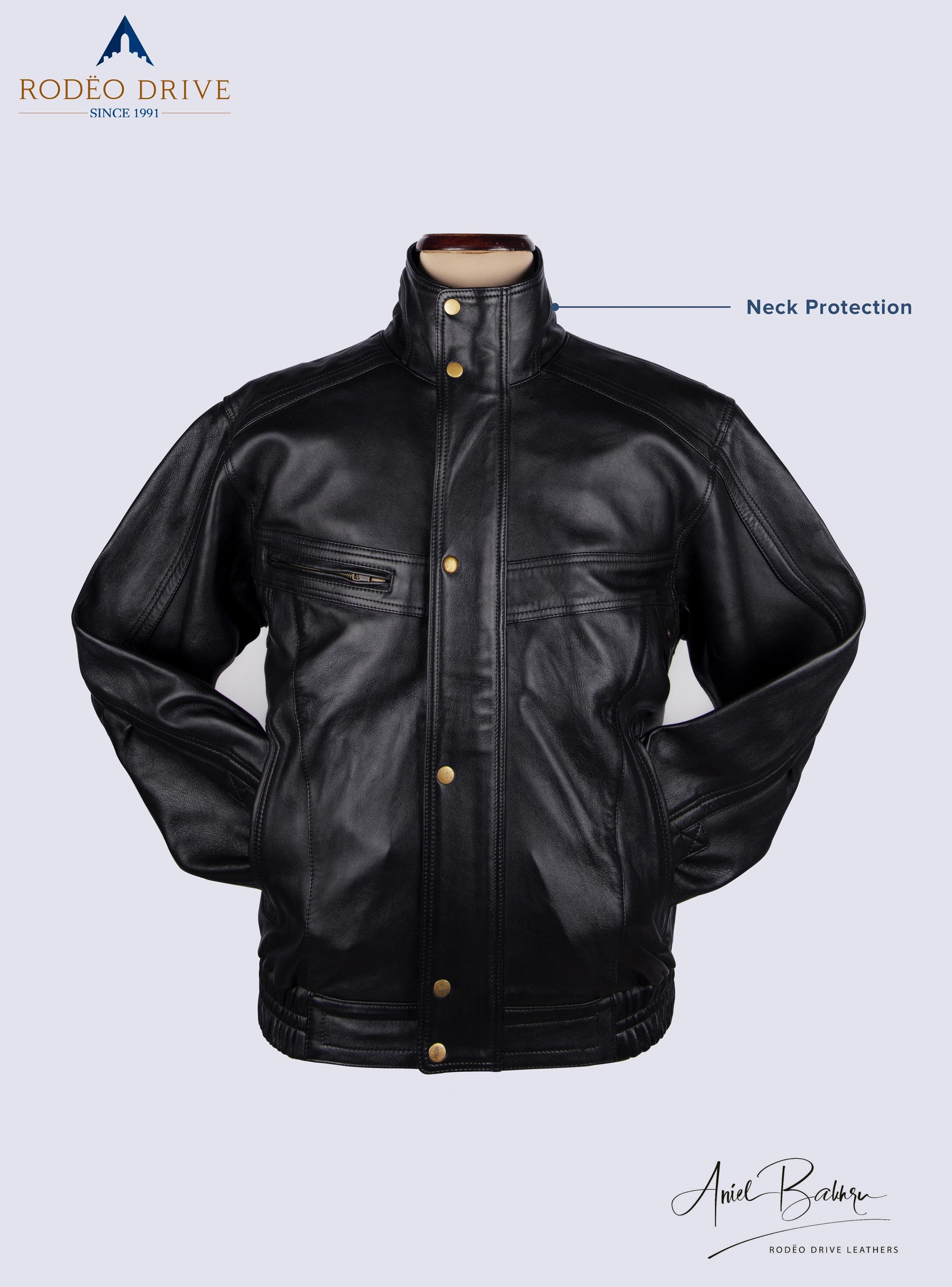 Attractive Neck protection of Bomber jacket displayed. Entire neck get wrapped with turtle neck there by providing total protection against cold.