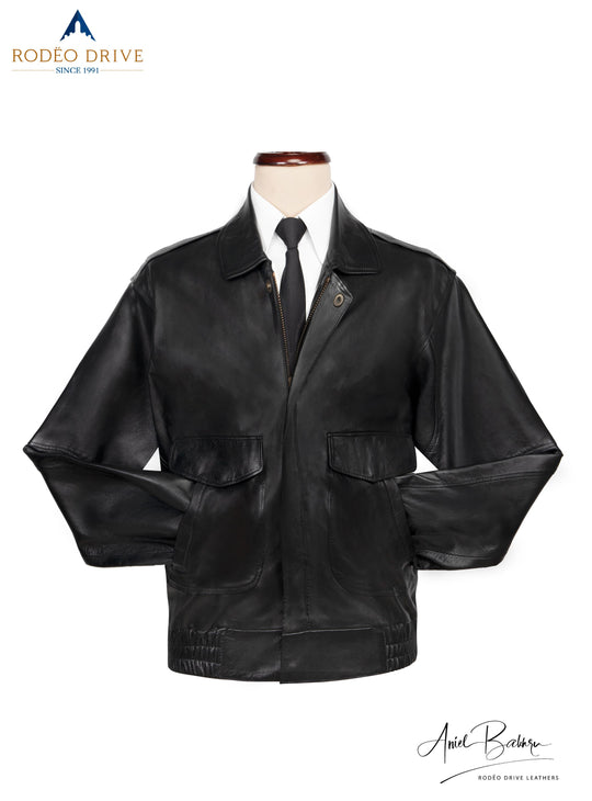 image of ARMY HELICOPTER BOMBER JACKET on a mannequin. A white shirt is tucked in. A neck tie is visible. 