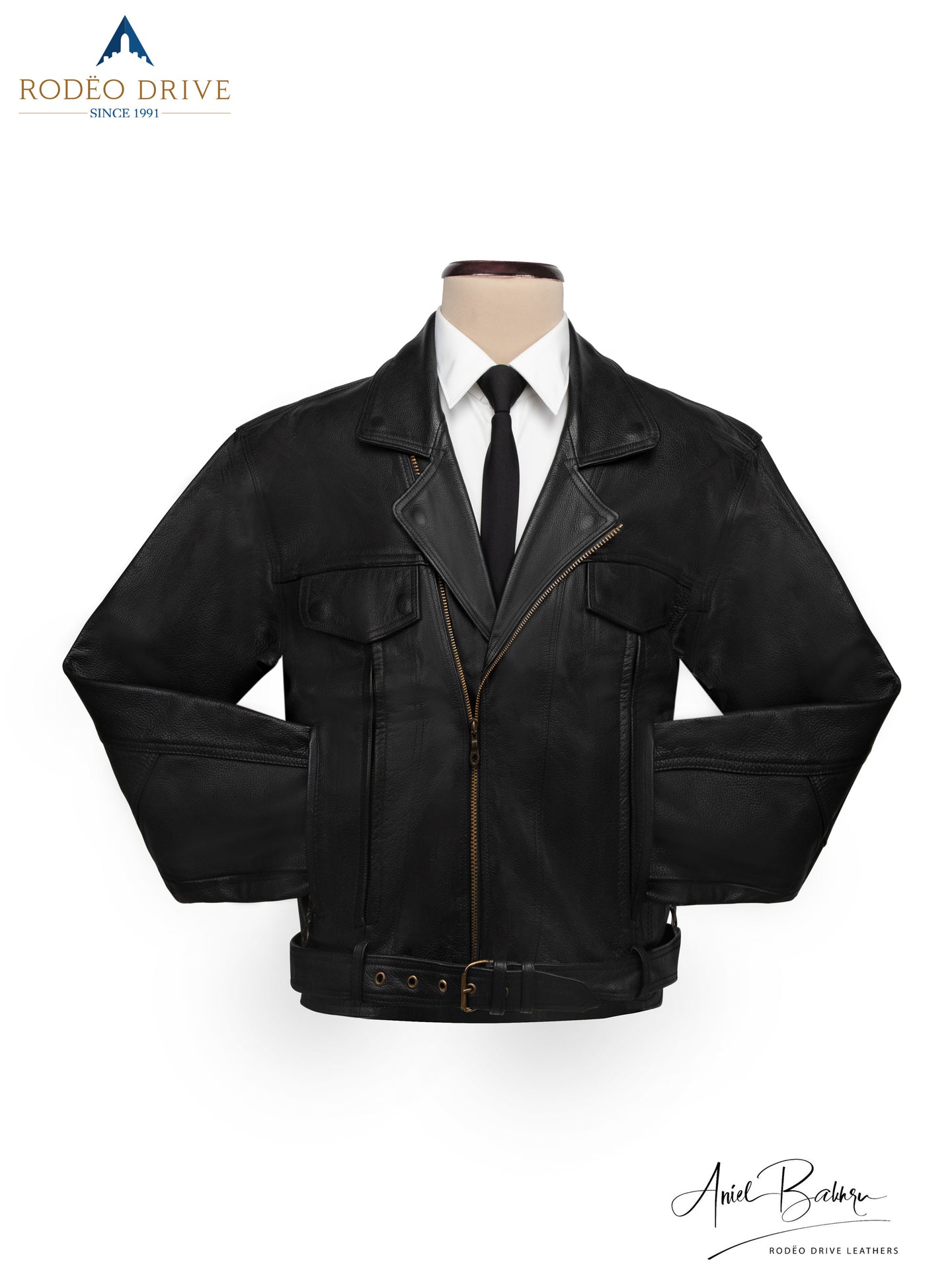 Front image of HARLEY JACKET. It is displayed on mannequin. Inside a white shirt and neck tie are visible