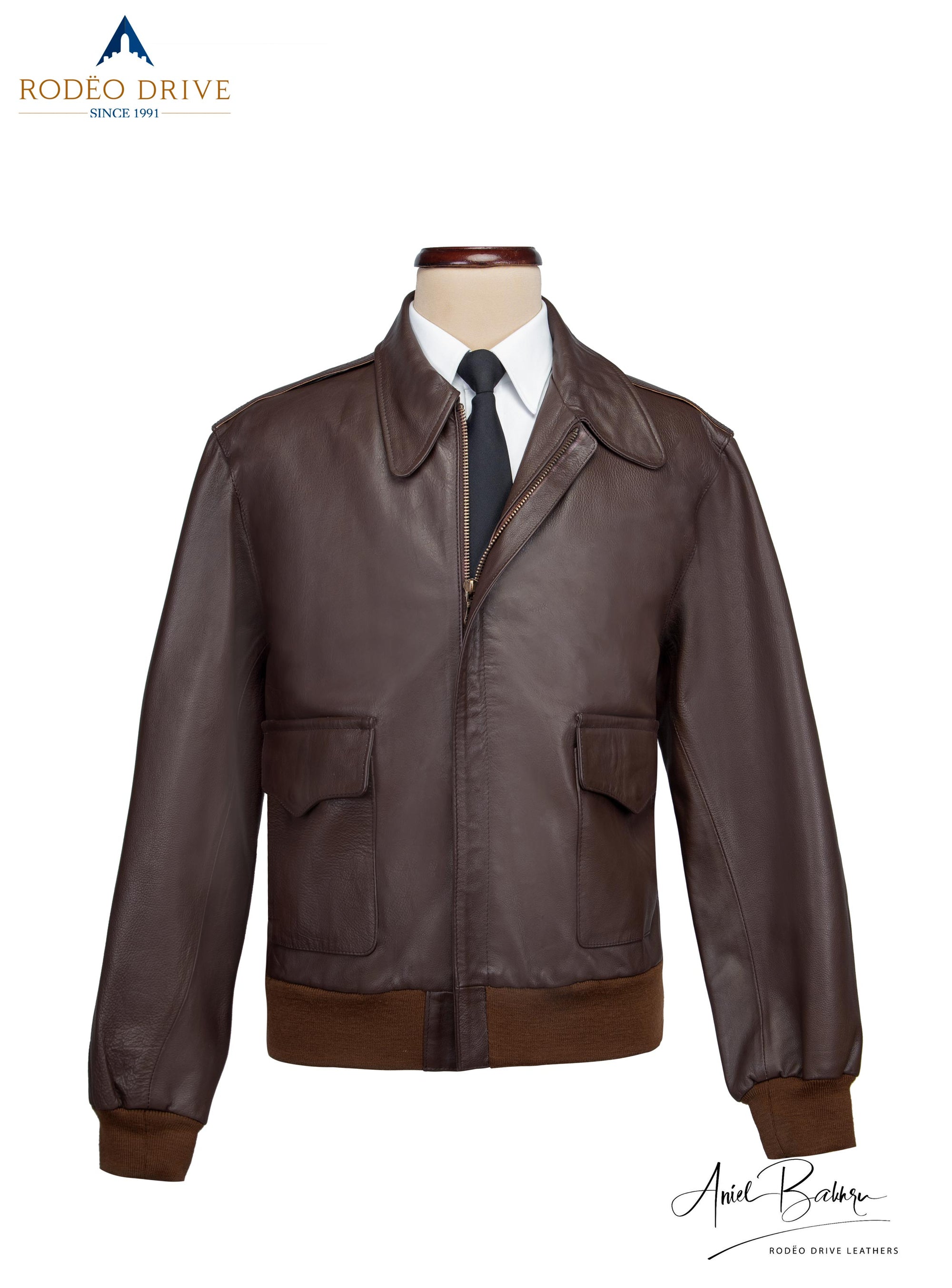  image of stylish AIRFORCE BOMBER JACKET. A white shirt is tucked inside with a neck tie.