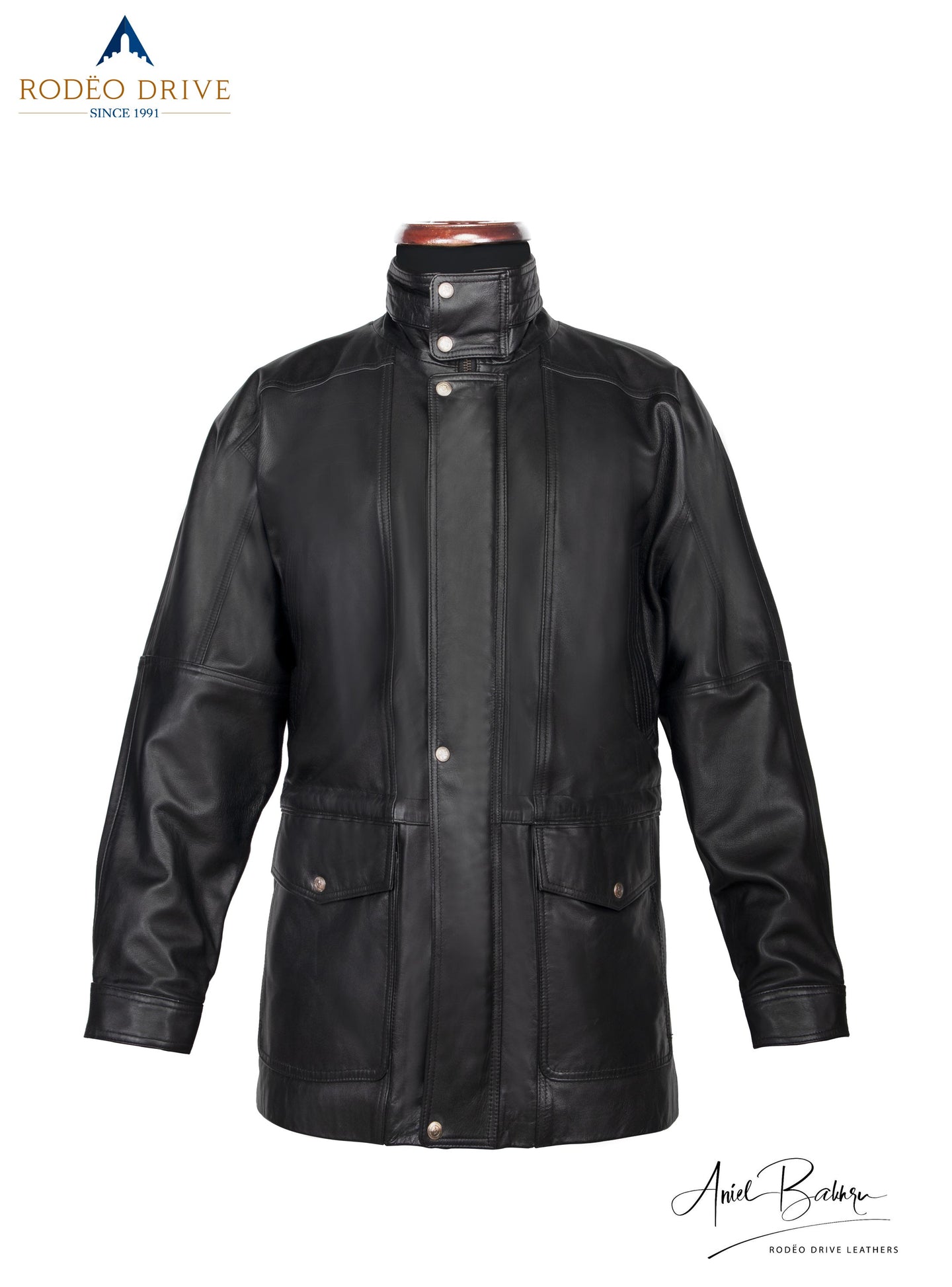 Front  part of jacket displayed on mannequin. Buttons are neatly tucked. Turtle neck  is also featured.