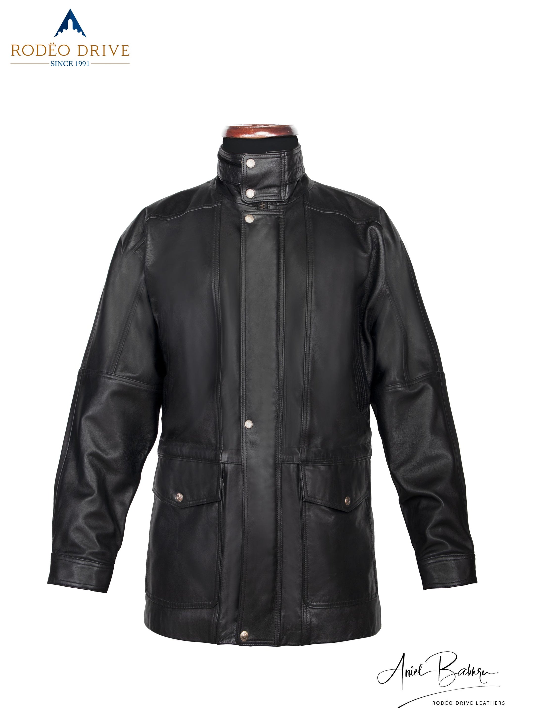 Front  part of jacket displayed on mannequin. Buttons are neatly tucked. Turtle neck  is also featured.