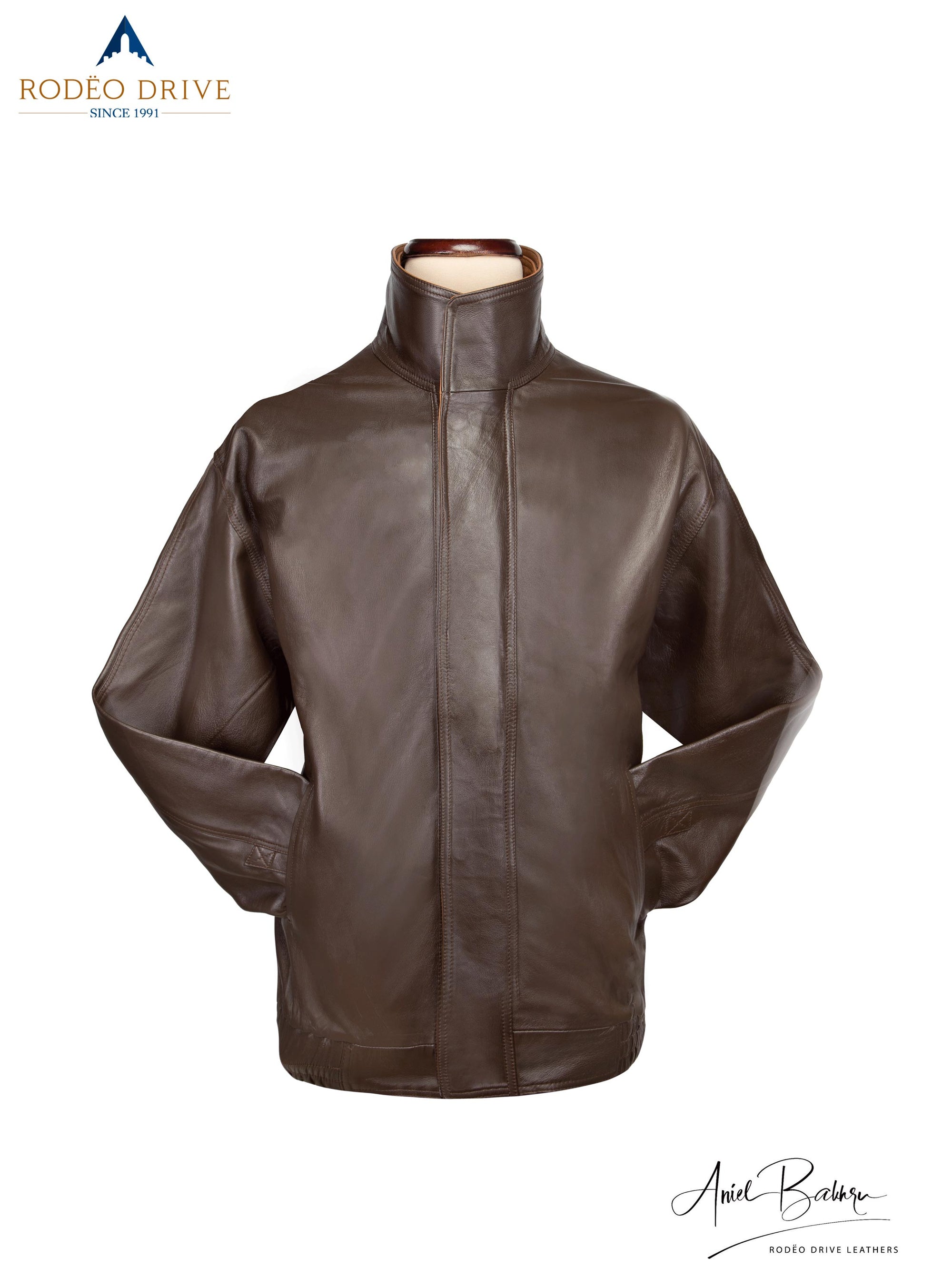 Image of 1 Color Bomber Jacket . Front view. Turtle neck visible.