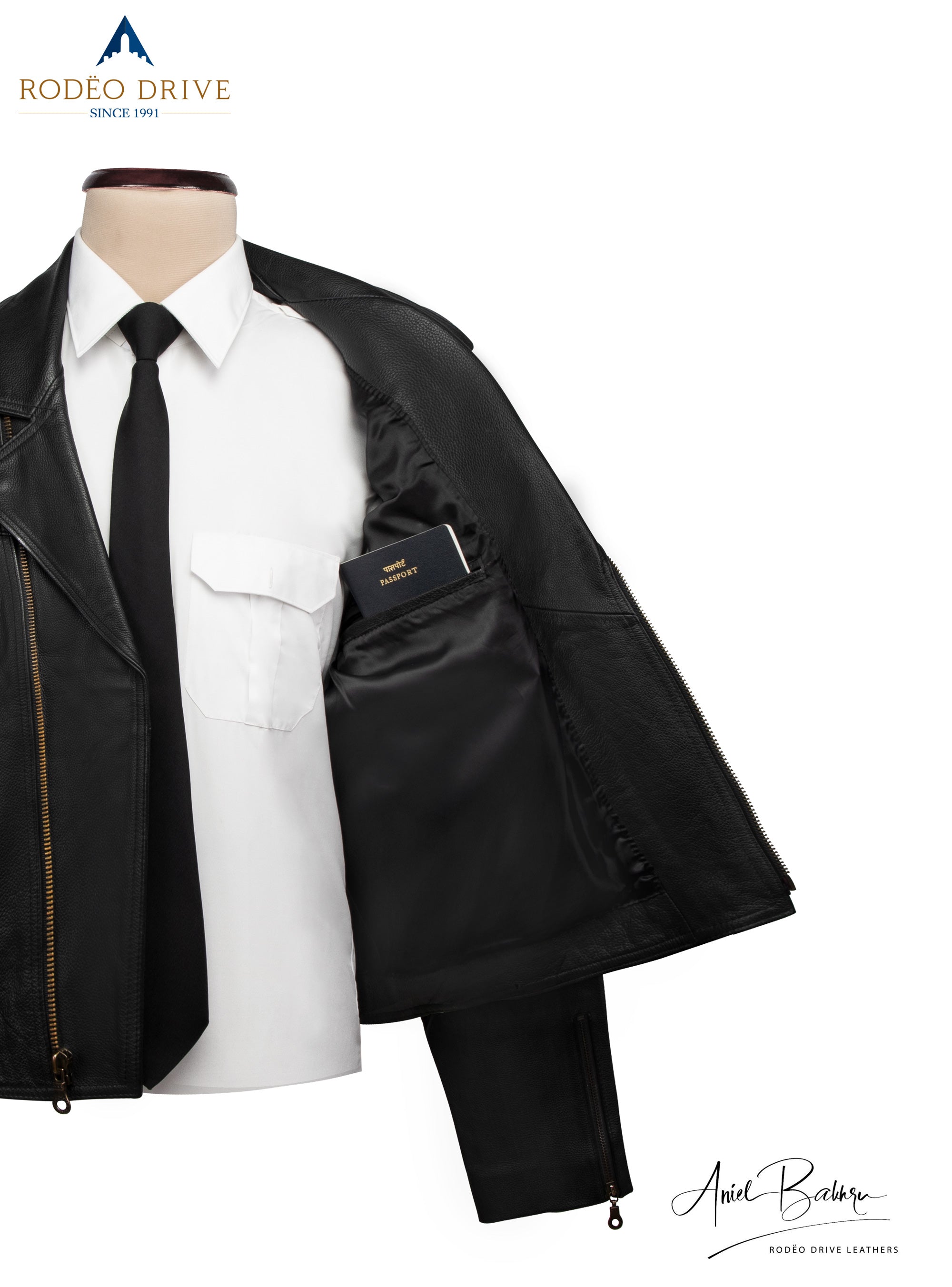 Front image of HARLEY JACKET. It is displayed on mannequin. Inside a white shirt and neck tie are visible