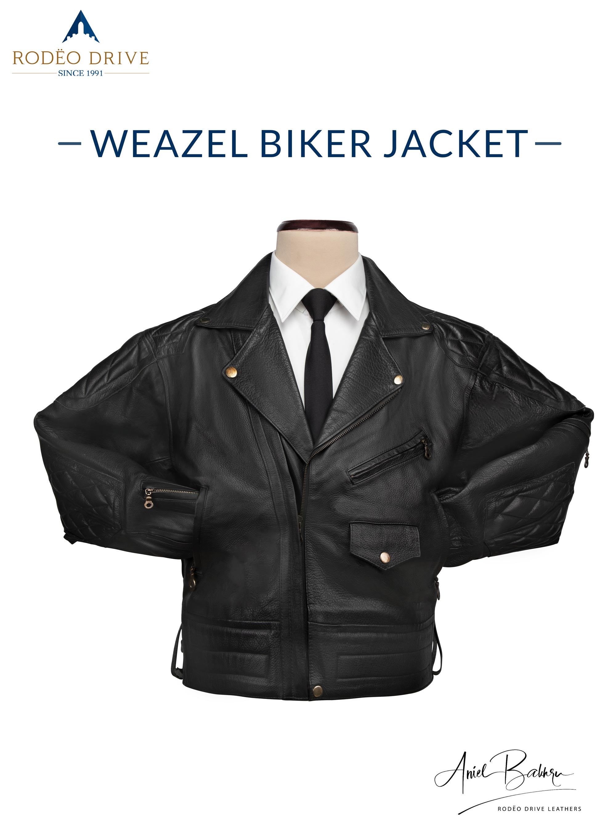 Front image of black WEAZEL BIKER JACKET. it is displayed on mannequin. a white shirt is tucked in with a black neck tie. Both its hand are tucked inside slit pockets. It is half zipped