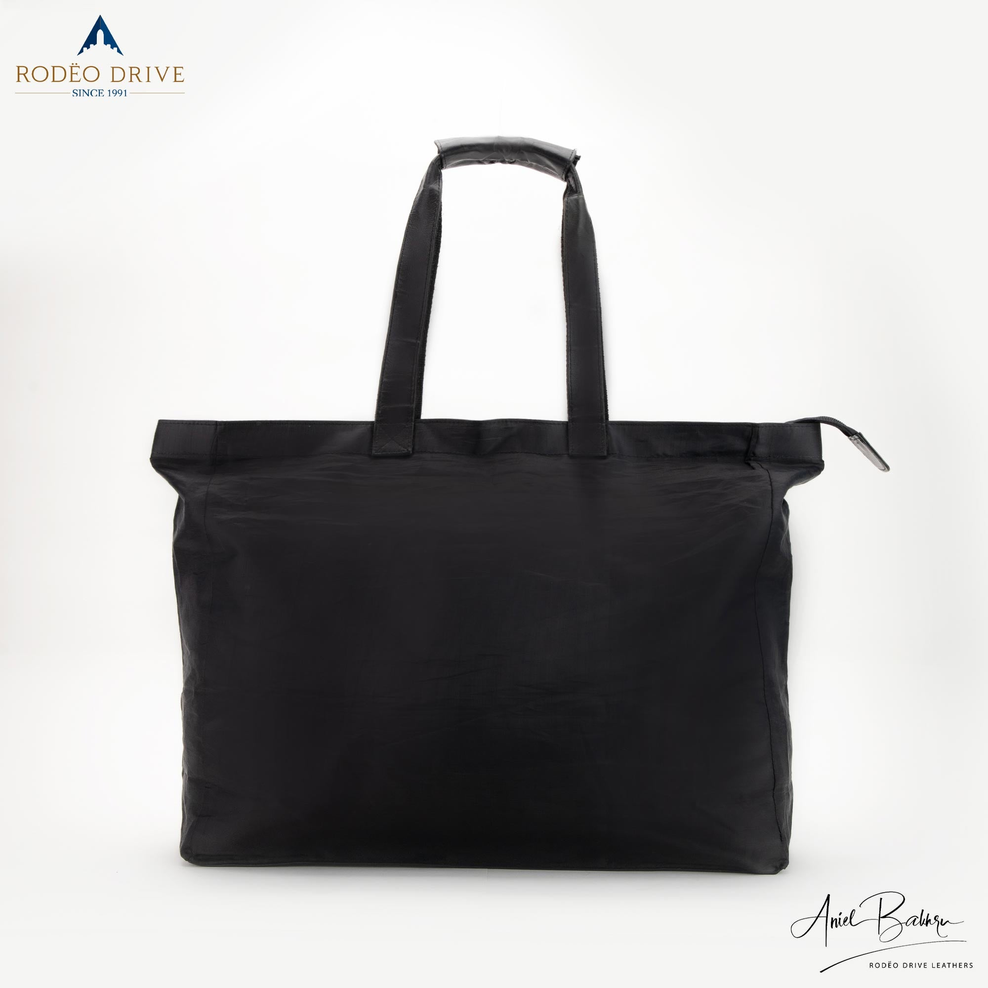 Front image of black KELLY LEATHER CORDURA SHOPPING BAG