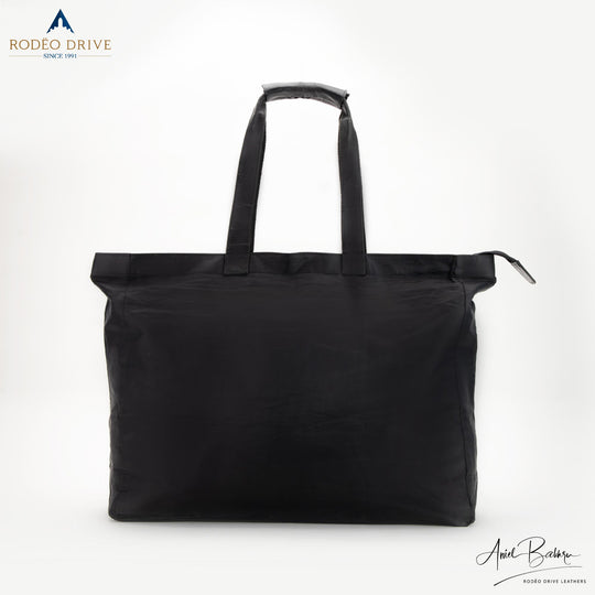 Front image of black KELLY LEATHER CORDURA SHOPPING BAG