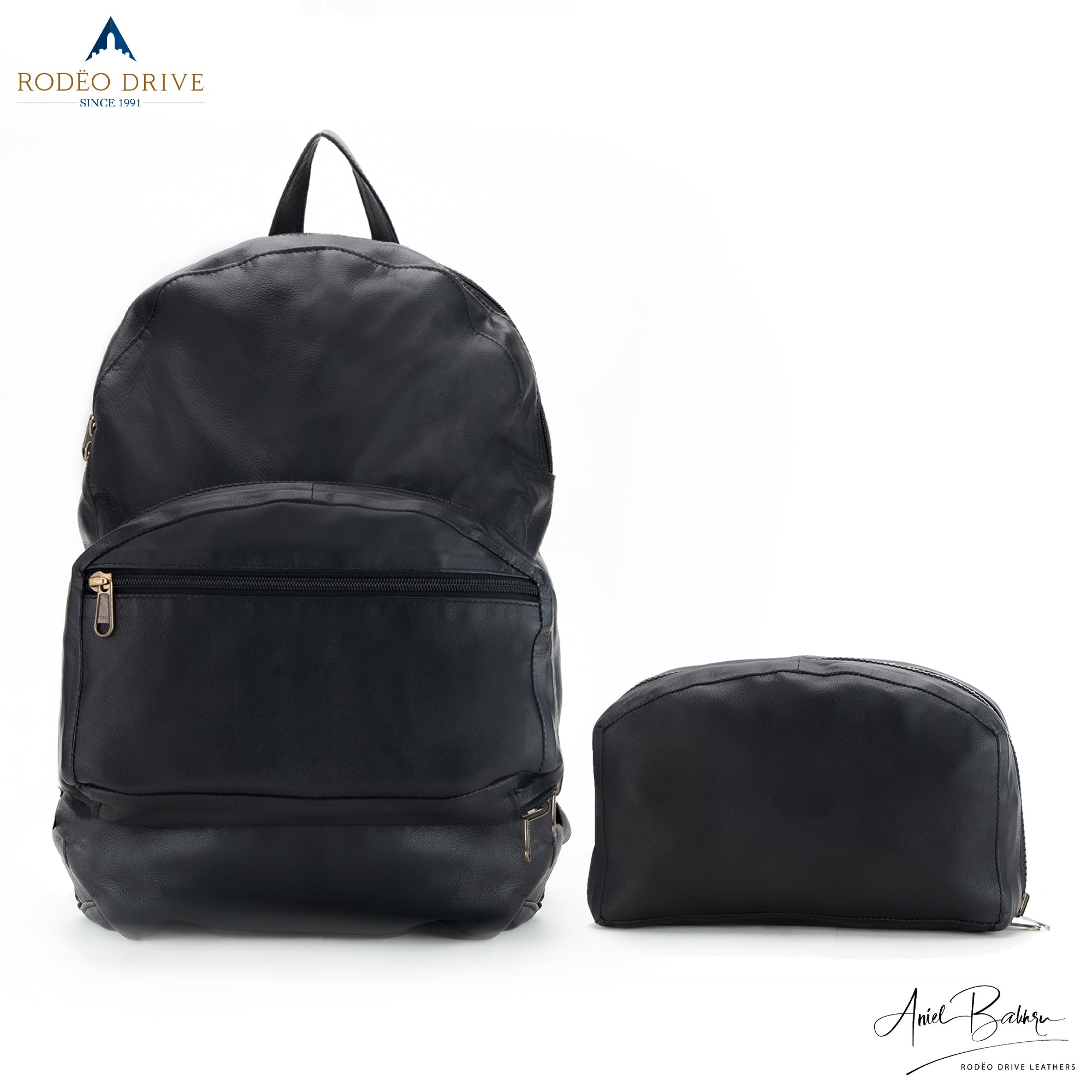 image showcasing front image of black folding pouch bag and  COLLAPSIBLE LEATHER BACKPACK