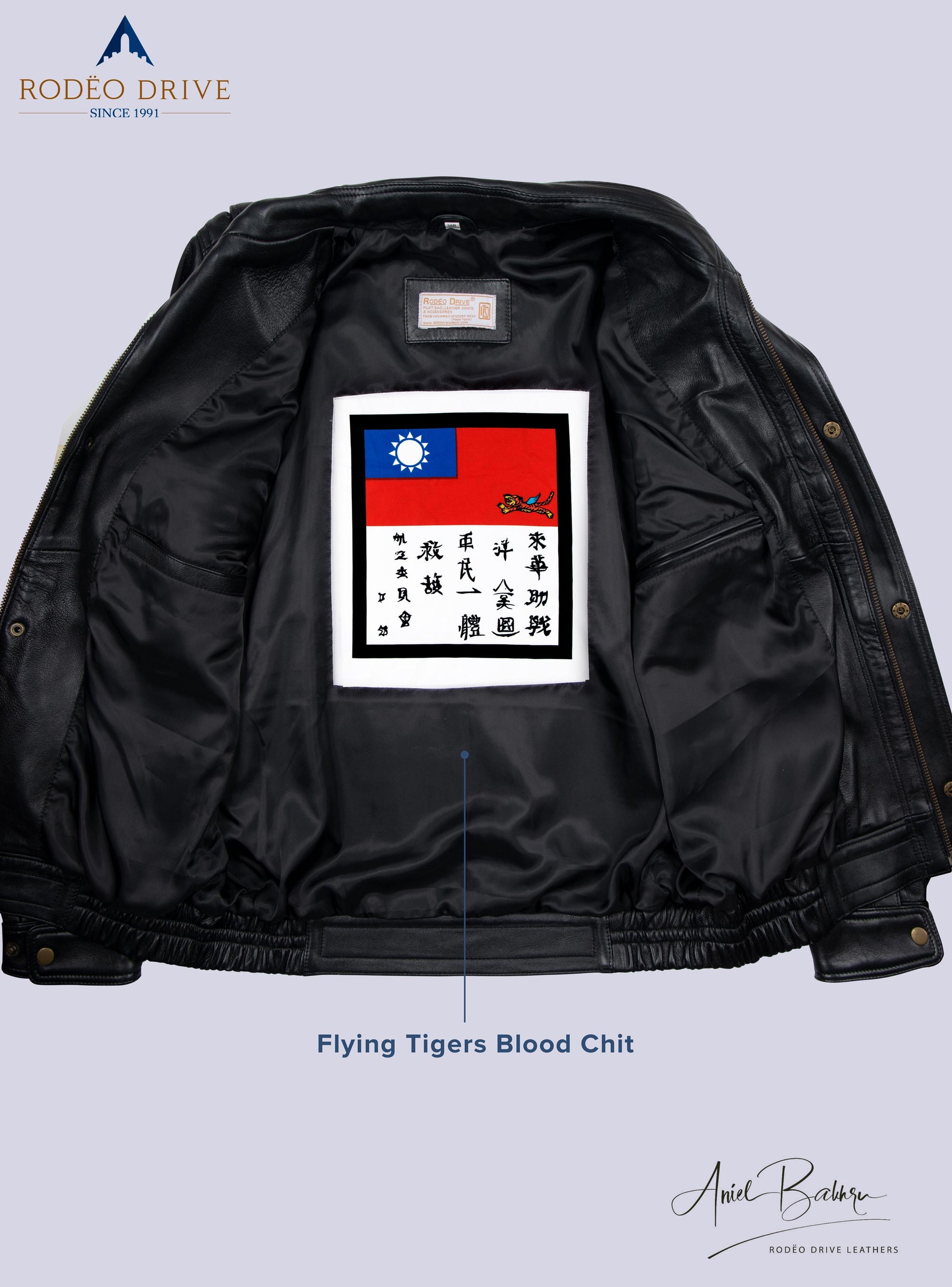 Image of inside part of Bomber Short jacket,  A Flying Tigers Blood Chiti sewed inside.