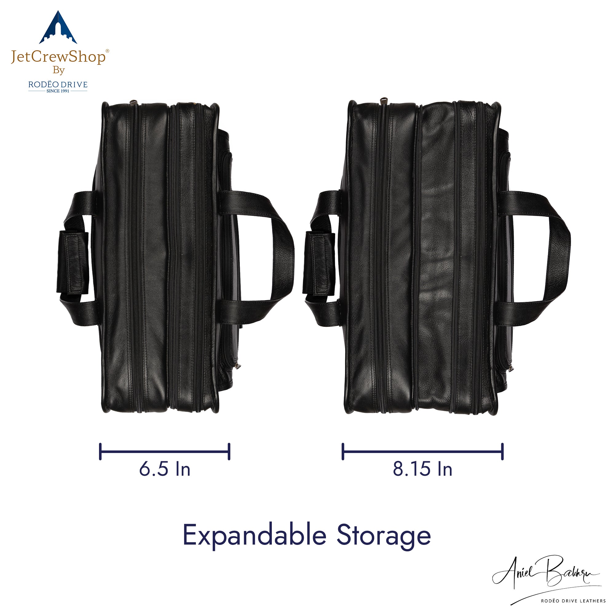 image depicting dimensions of PILOT BAG. Bag is expandable from 6.5 In to 8.15 In