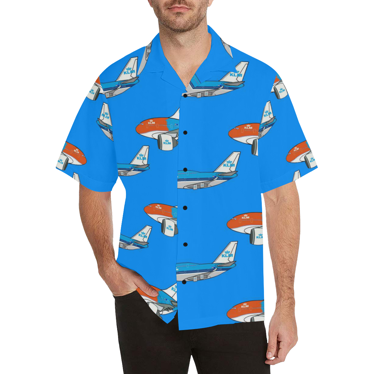 Front image of 747 light blue Hawaiian shirt.  Stylish Short Sleeves and notch lapel collar is visible. Boxy fitting is showcased.