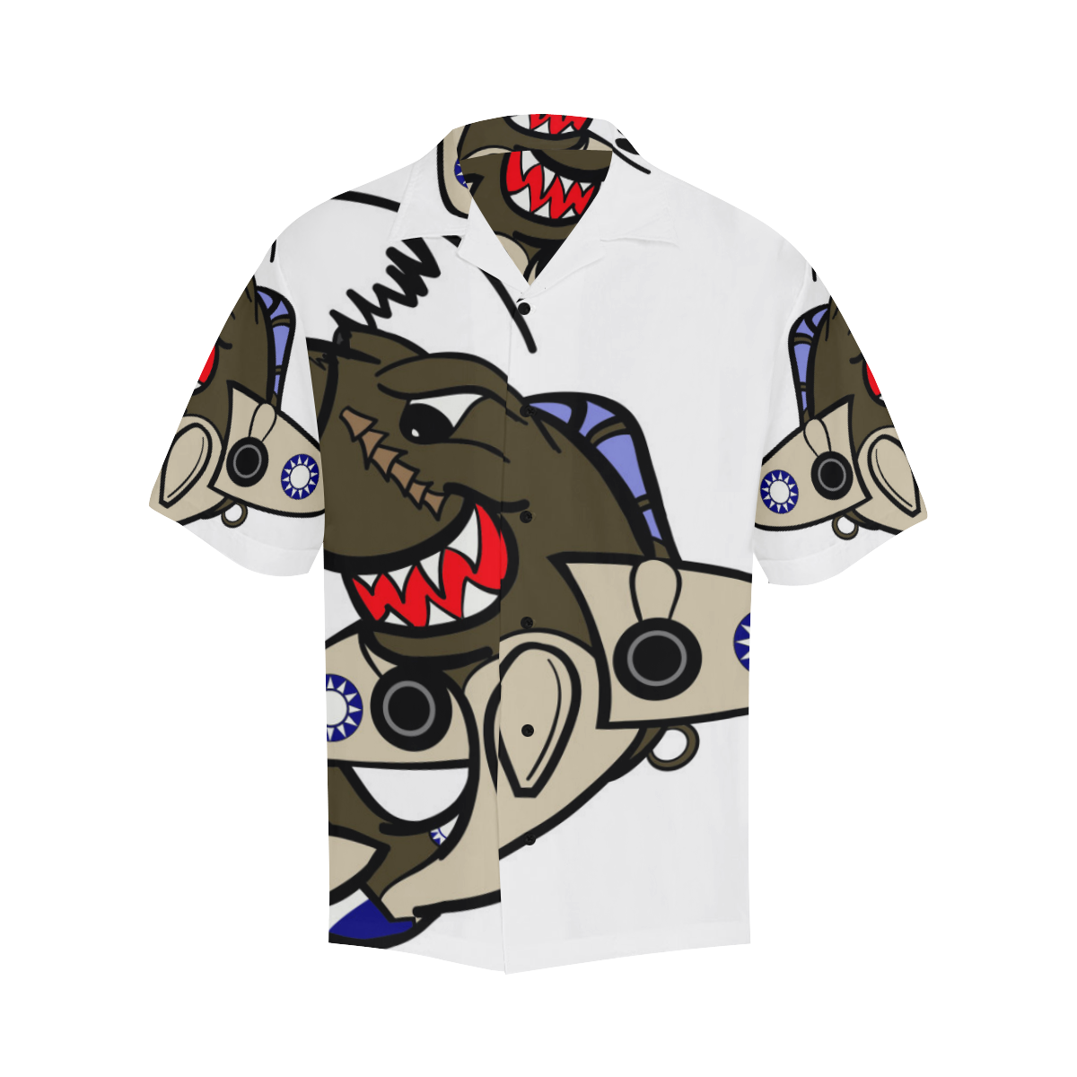 Front image of white SHARK ATTACK HAWAIIAN SHIRT.  It provides complete comfort in summers