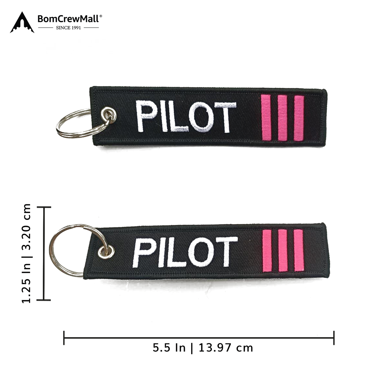 EMBROIDERY BAG TAG with Pilot written on it with three pink stripes.