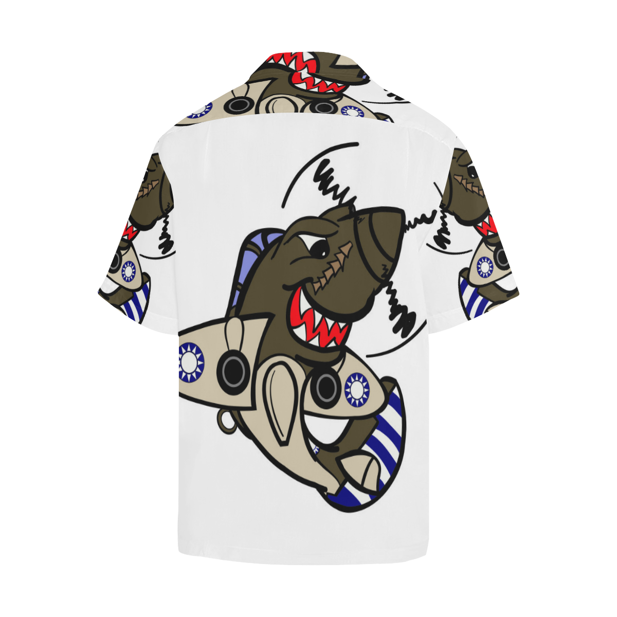 back side image of white SHARK ATTACK HAWAIIAN SHIRT. A shark on surfing board is depicted on shirt.