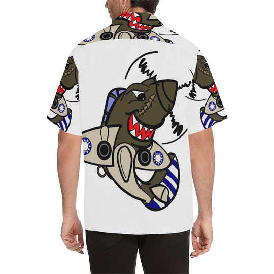 A back side image of white P-40 SHARK ATTACK HAWAIIAN SHIRT. A model posing with Hawaiian white shirt