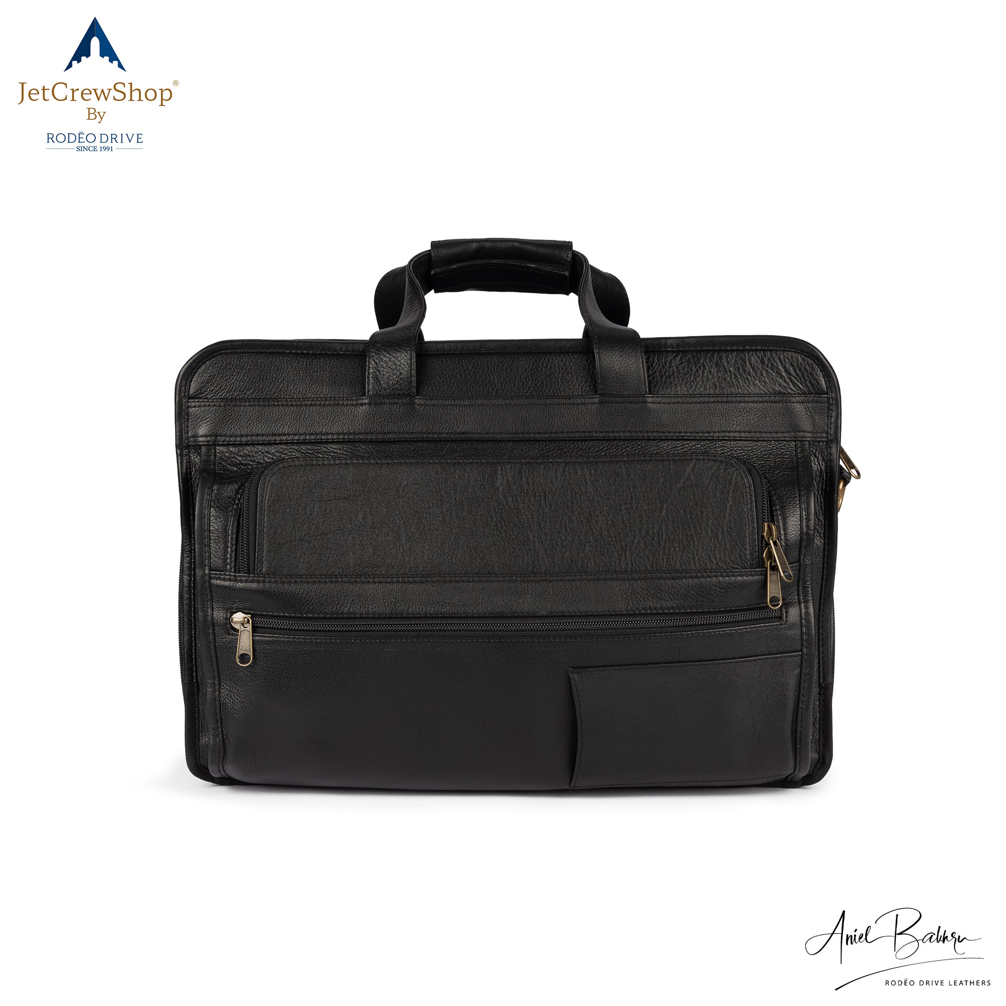 front view of  Black PAPERLESS AIRSIDE PILOT BAG.  It showcases Front compartments . You can insert  Labtop in Front compartment.