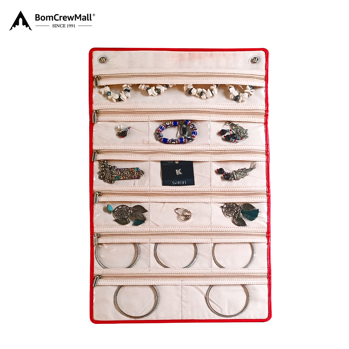 Women accessories on a bag with red borders