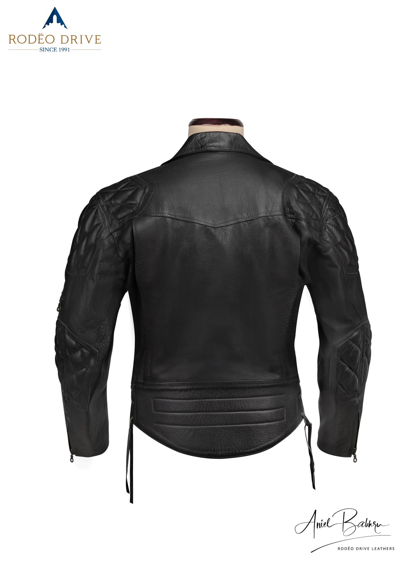 Back side image of black WEAZEL BIKER JACKET. It is displayed on mannequin