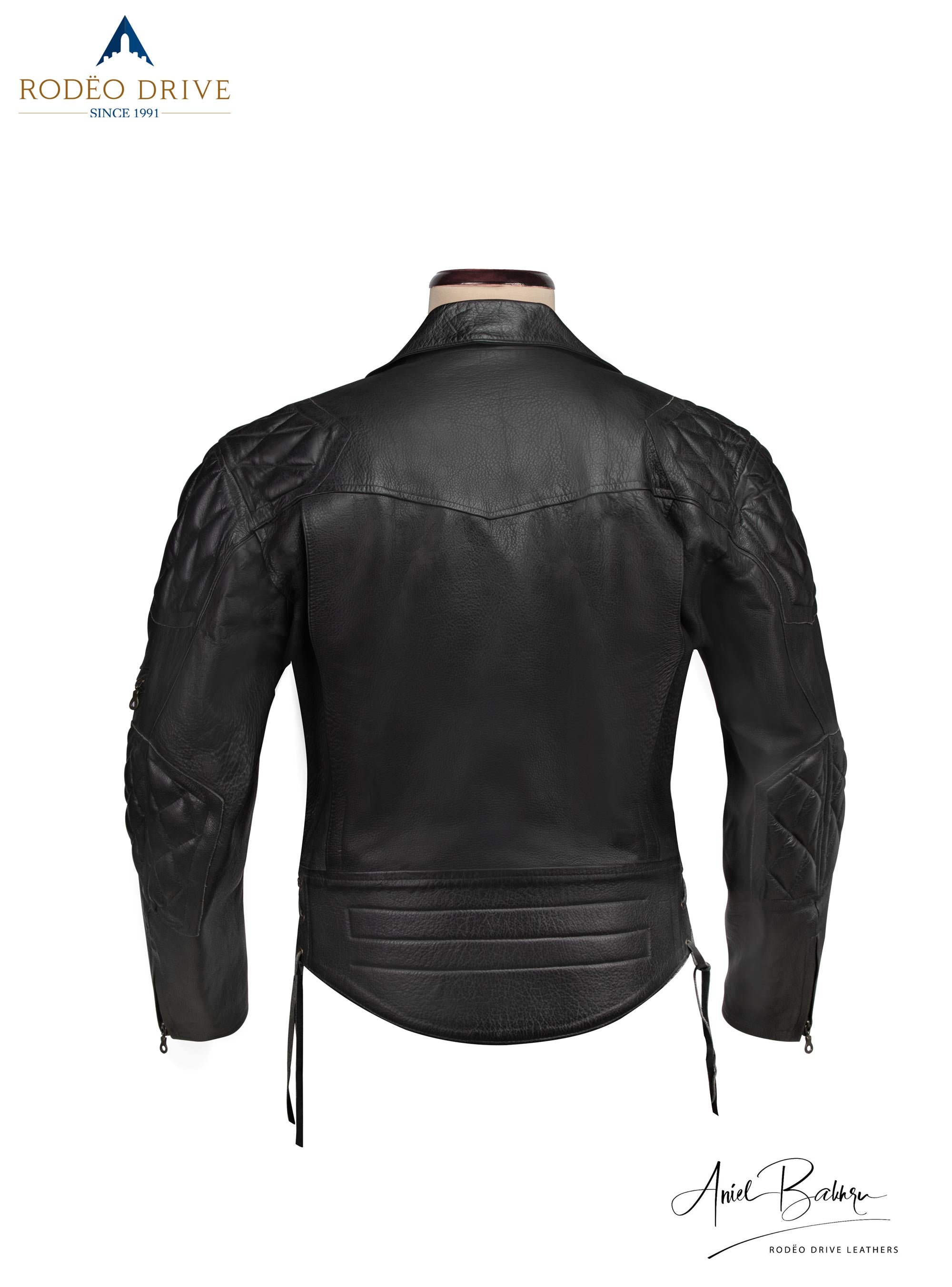 Back side image of black WEAZEL BIKER JACKET. It is displayed on mannequin