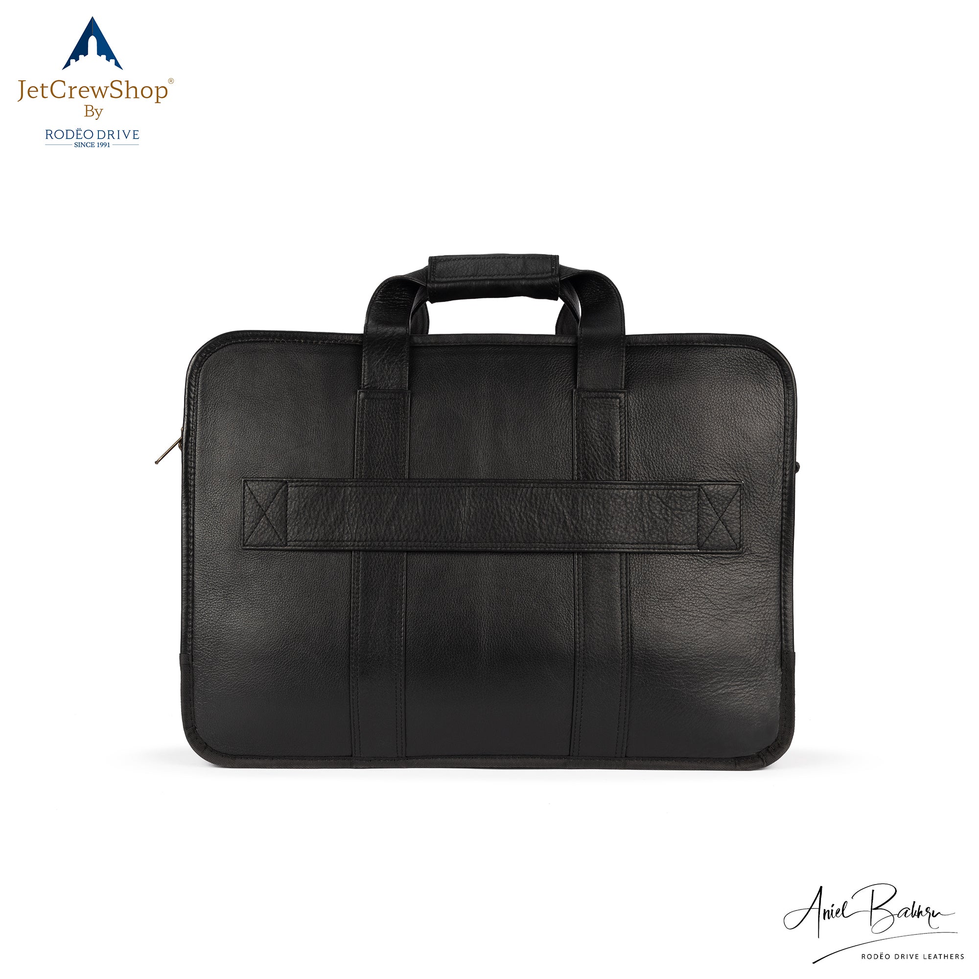 Back side image of  black PILOT BAG. Strong lifting handle  visible on top.