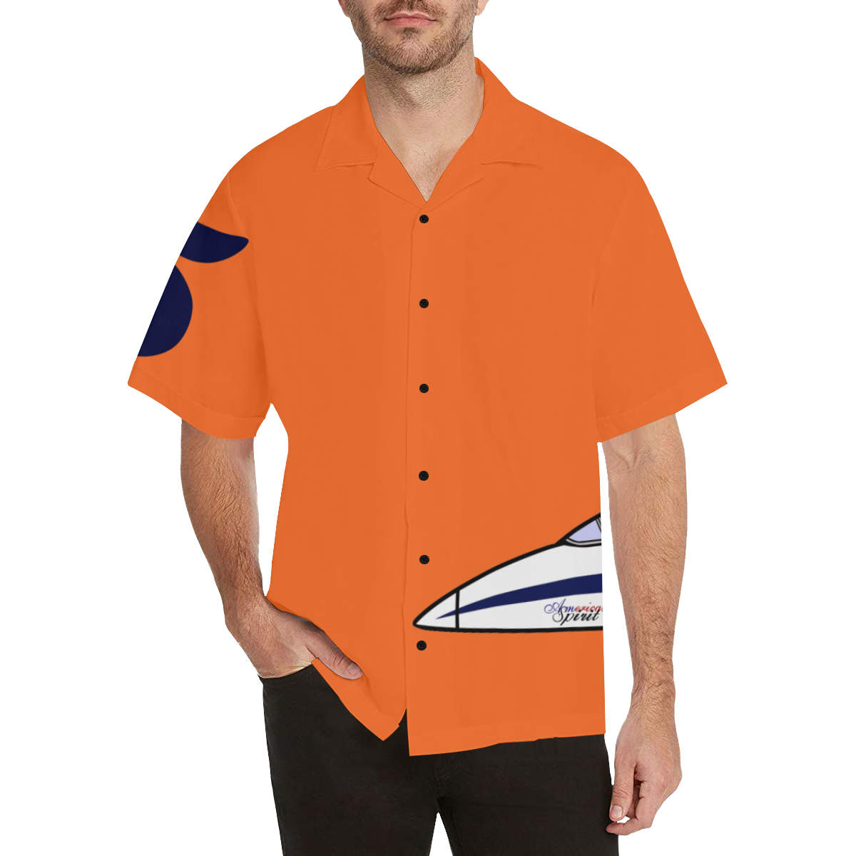 Model posing wearing  stylish Orange SPIRIT OF AMERICA RACE HAWAIIAN SHIRT. His and is tucked in his pocket