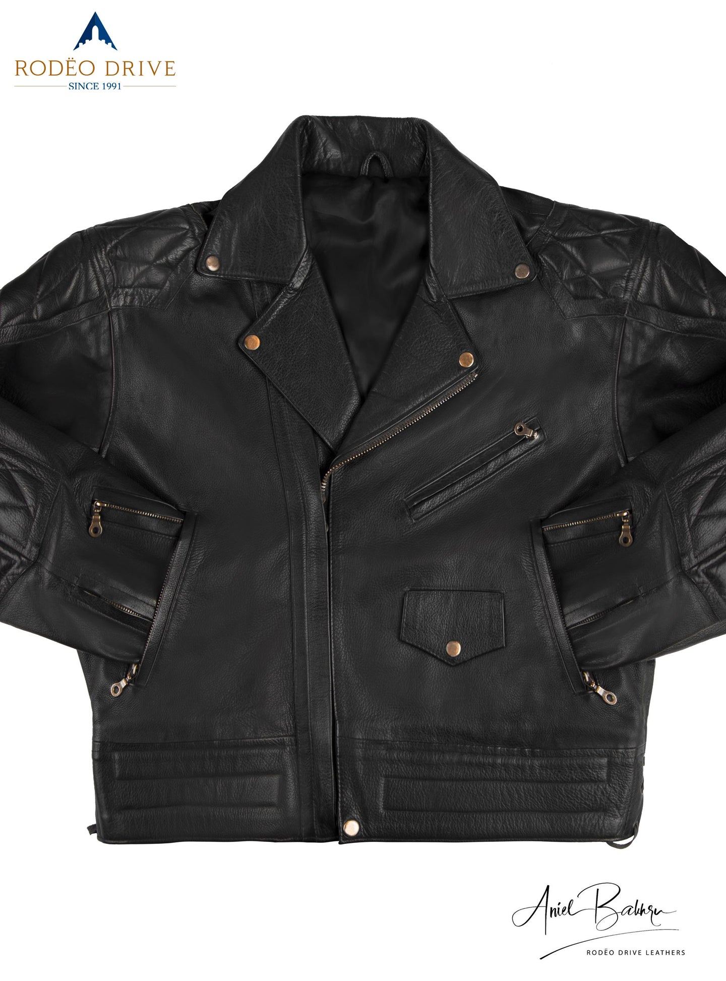a close image of black WEAZEL BIKER JACKET. it is zipped. Its hands are tucked inside slit pockets