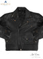 a close image of black WEAZEL BIKER JACKET. it is zipped. Its hands are tucked inside slit pockets