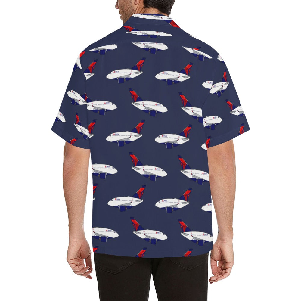 Image depicts rear view of a man wearing Delta Hawaiin shirt