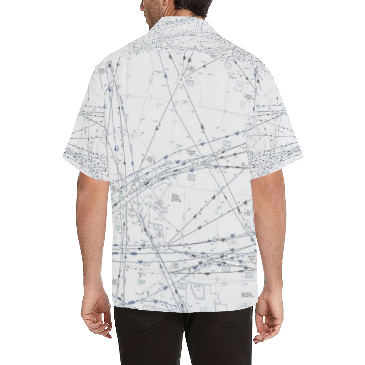 back side image of white PACIFIC ENROUTE HAWAIIAN CHART HAWAIIAN SHIRT