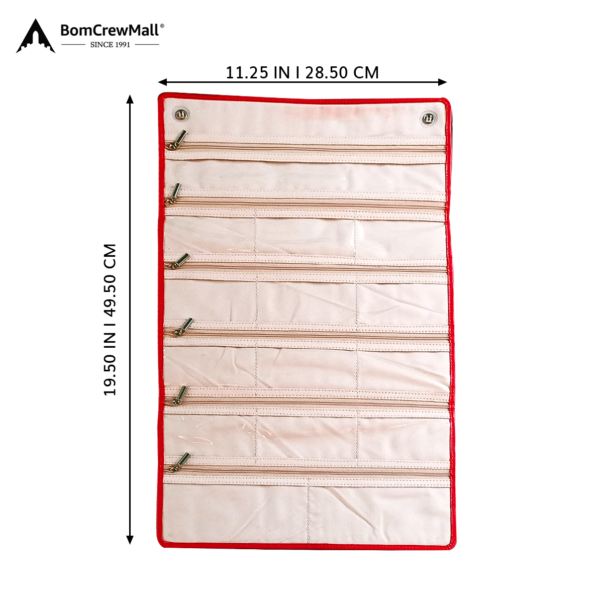 Image displays product with multiple zips and red borders
