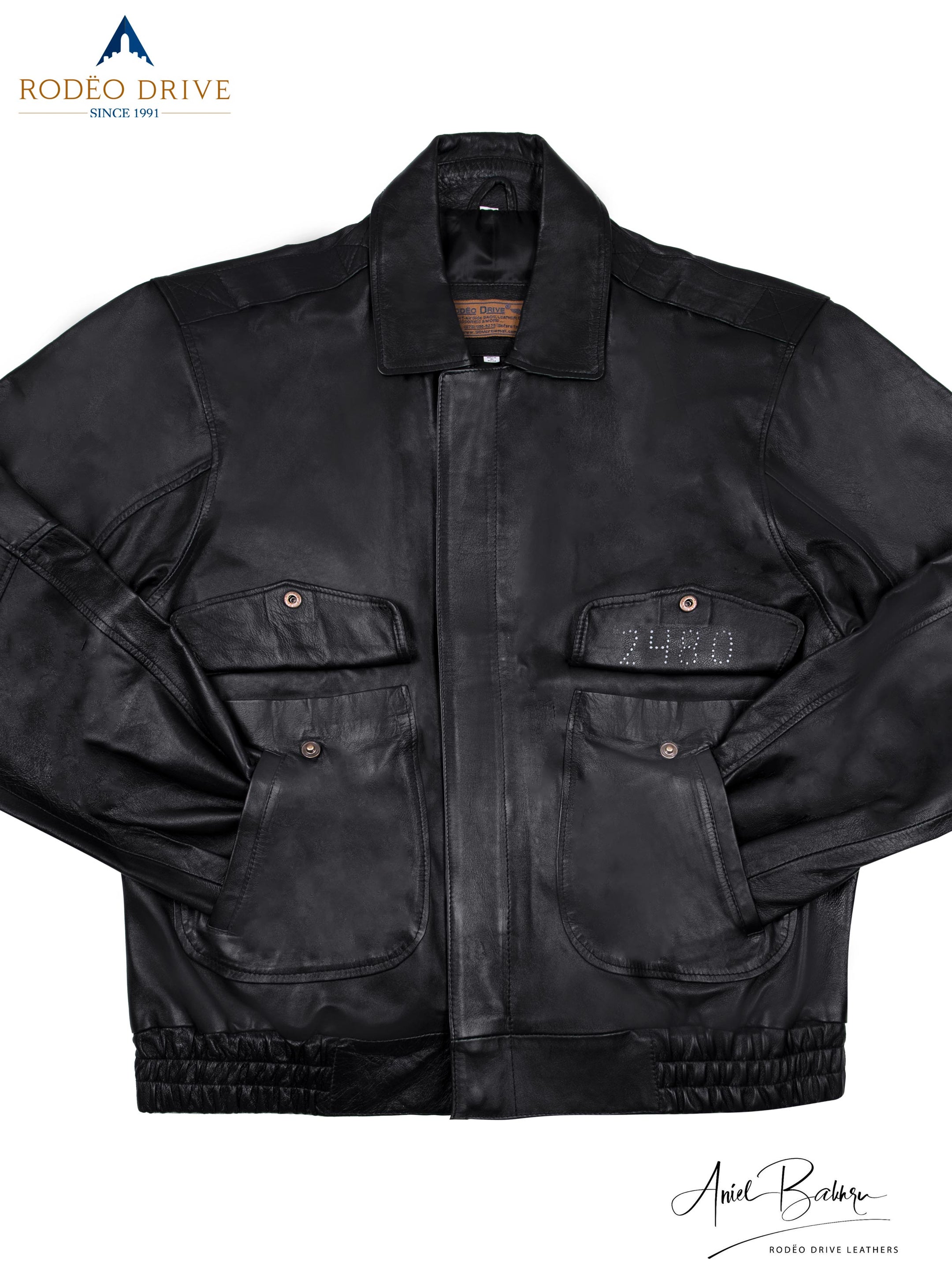 Front complete image of ARMY HELICOPTER BOMBER JACKET. Hand of jacket are tucked inside slit pocket.