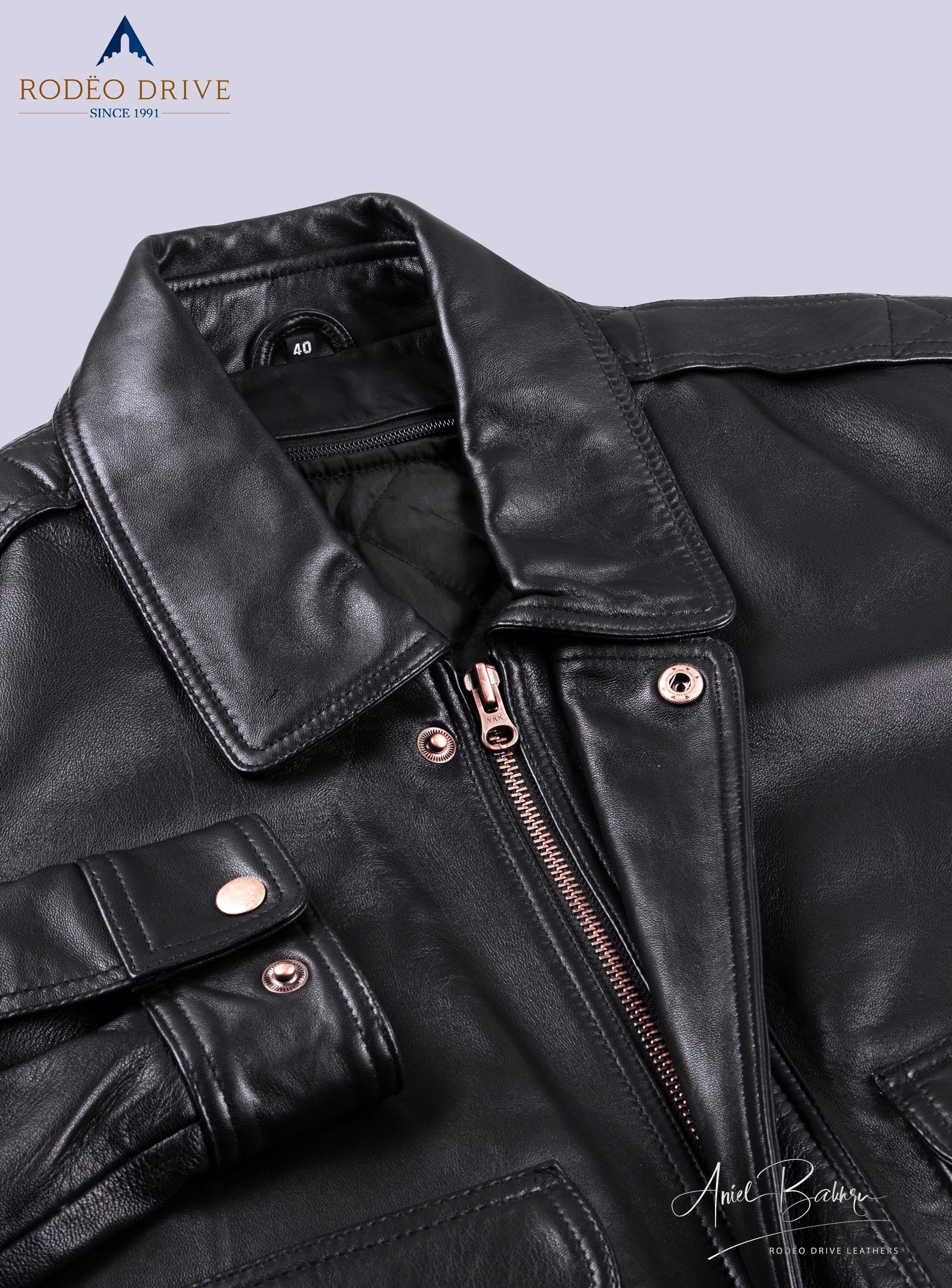 Collar and zip look of Alaska leather Jacket for men