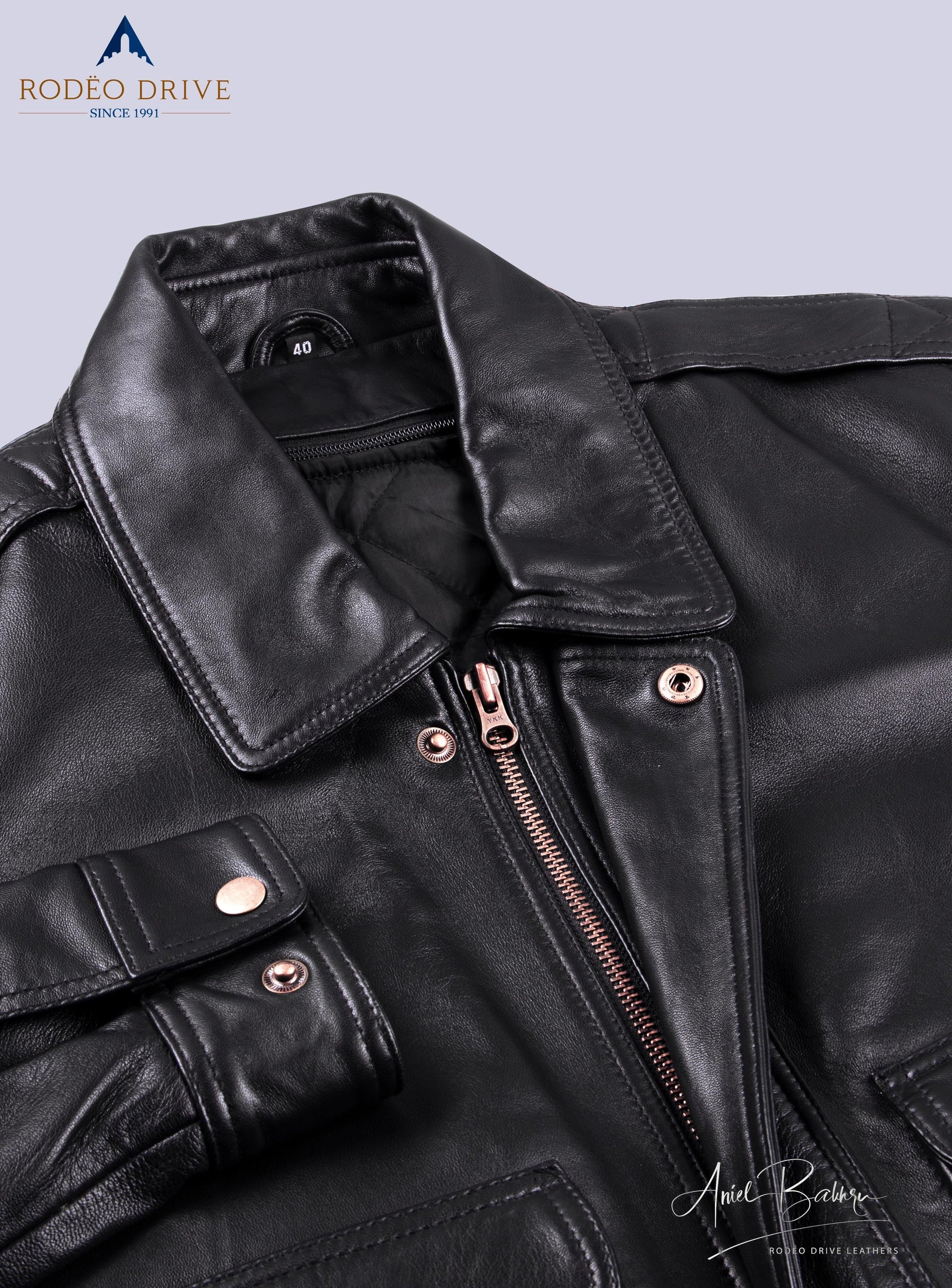 Upper closer look of collar and zip of inside look of AIR WISCONSIN UNIFORM LEATHER JACKETS WOMEN