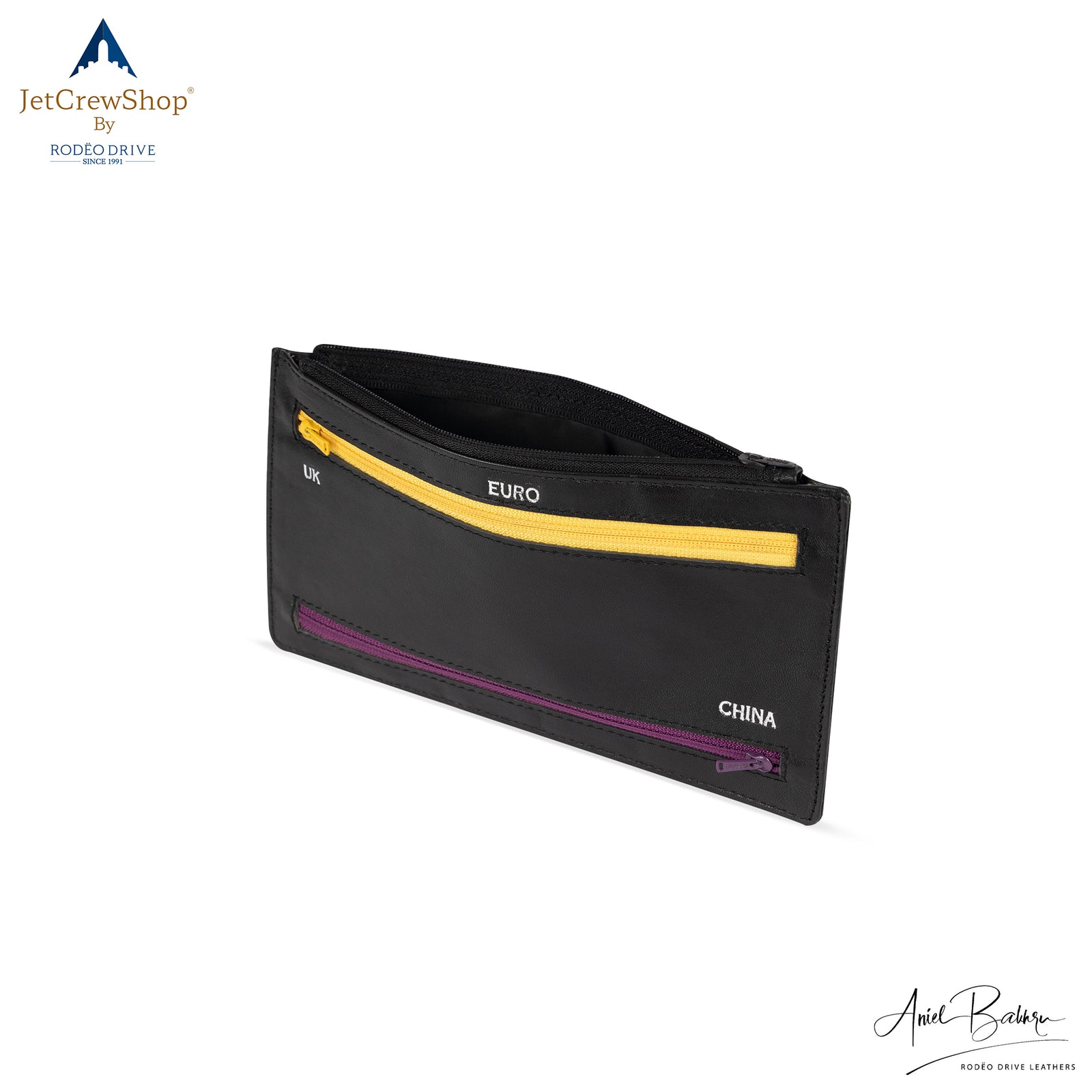 Side image of 5 Zip Multi currency Wallet. Top Zip, black in color is open. Zip in front is yellow in color and meant to keep Euro currency. Bottom Zip is purple in color and meant to keep Chinese currency. Purse is ultra slim and handy.