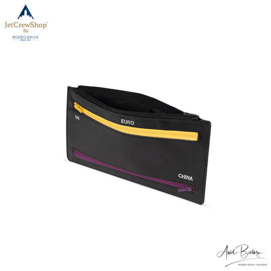 Side image of 5 Zip Multi currency Wallet. Top Zip, black in color is open. Zip in front is yellow in color and meant to keep Euro currency. Bottom Zip is purple in color and meant to keep Chinese currency. Purse is ultra slim and handy.